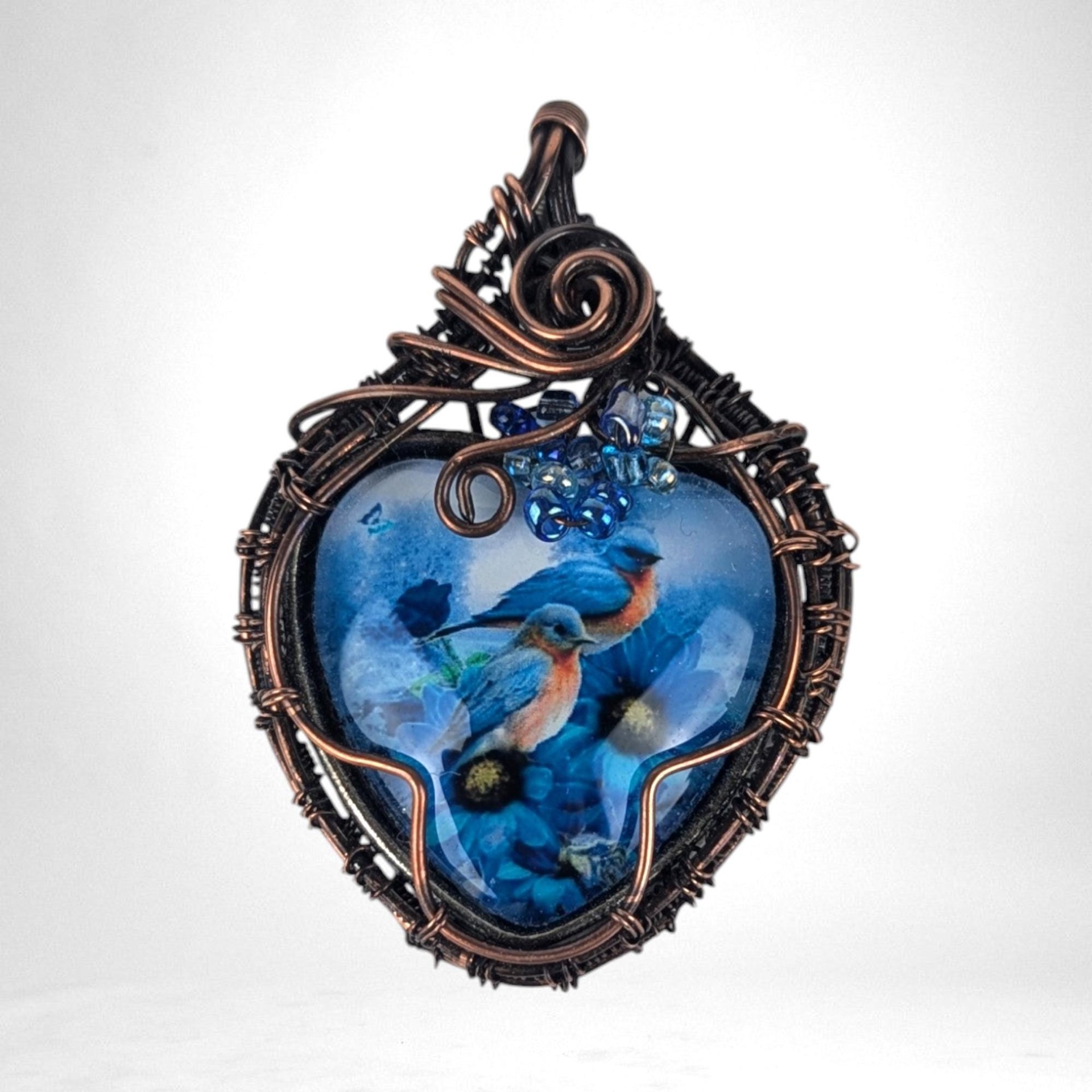 Handmade Copper Wire Wrapped Pendant with Blue Birds | Unique Artisan Jewelry | Nature-Inspired Necklace | Gift for Bird Lovers
