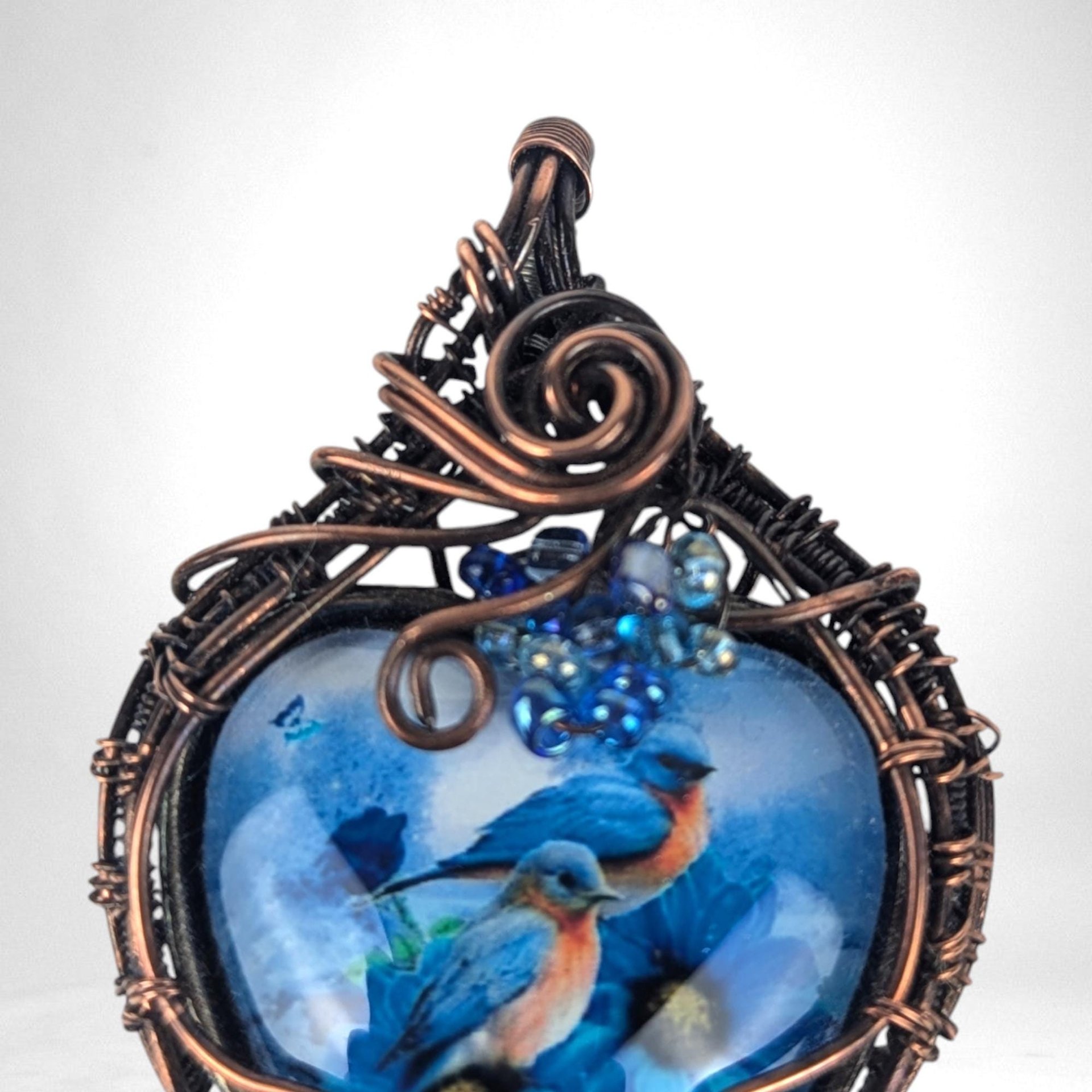 Handmade Copper Wire Wrapped Pendant with Blue Birds | Unique Artisan Jewelry | Nature-Inspired Necklace | Gift for Bird Lovers