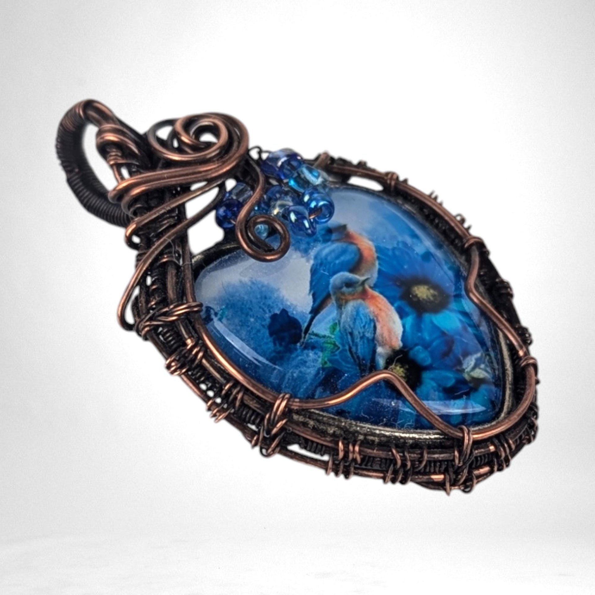 Handmade Copper Wire Wrapped Pendant with Blue Birds | Unique Artisan Jewelry | Nature-Inspired Necklace | Gift for Bird Lovers