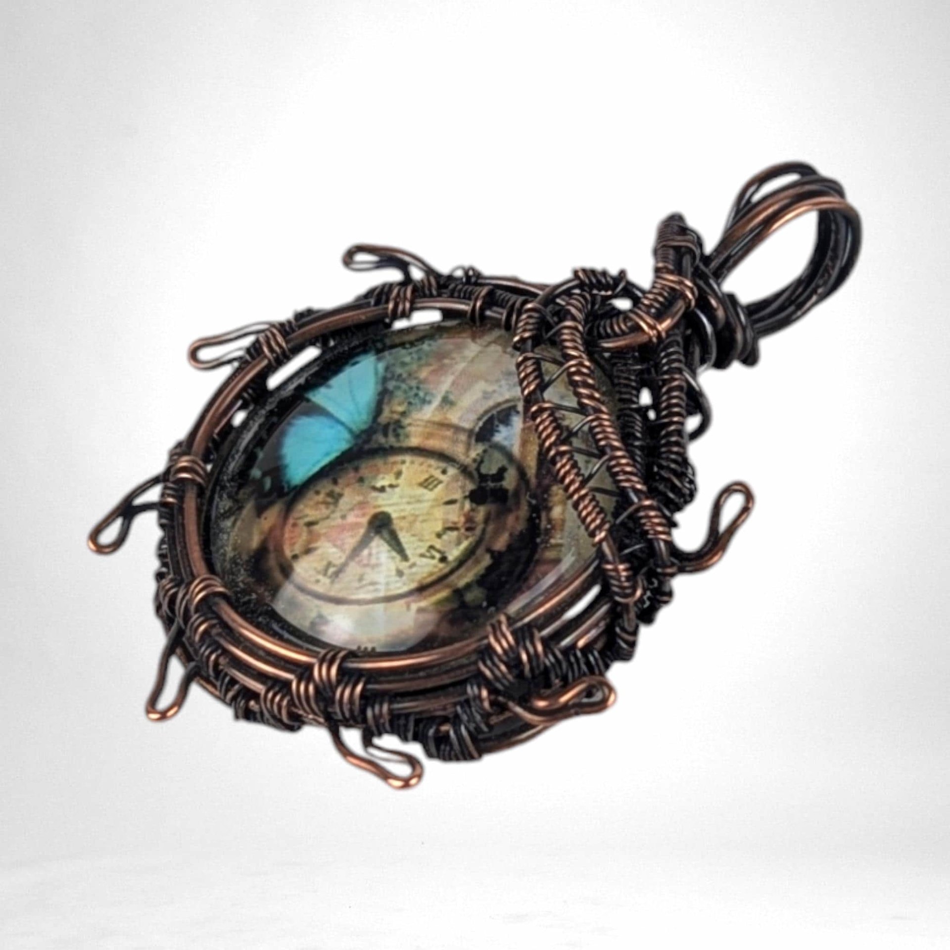 Handcrafted Copper Wire Wrapped Pendant | Clock Collage | Picture Cabochon | Earth Tones | Unique Gift | Vintage Style