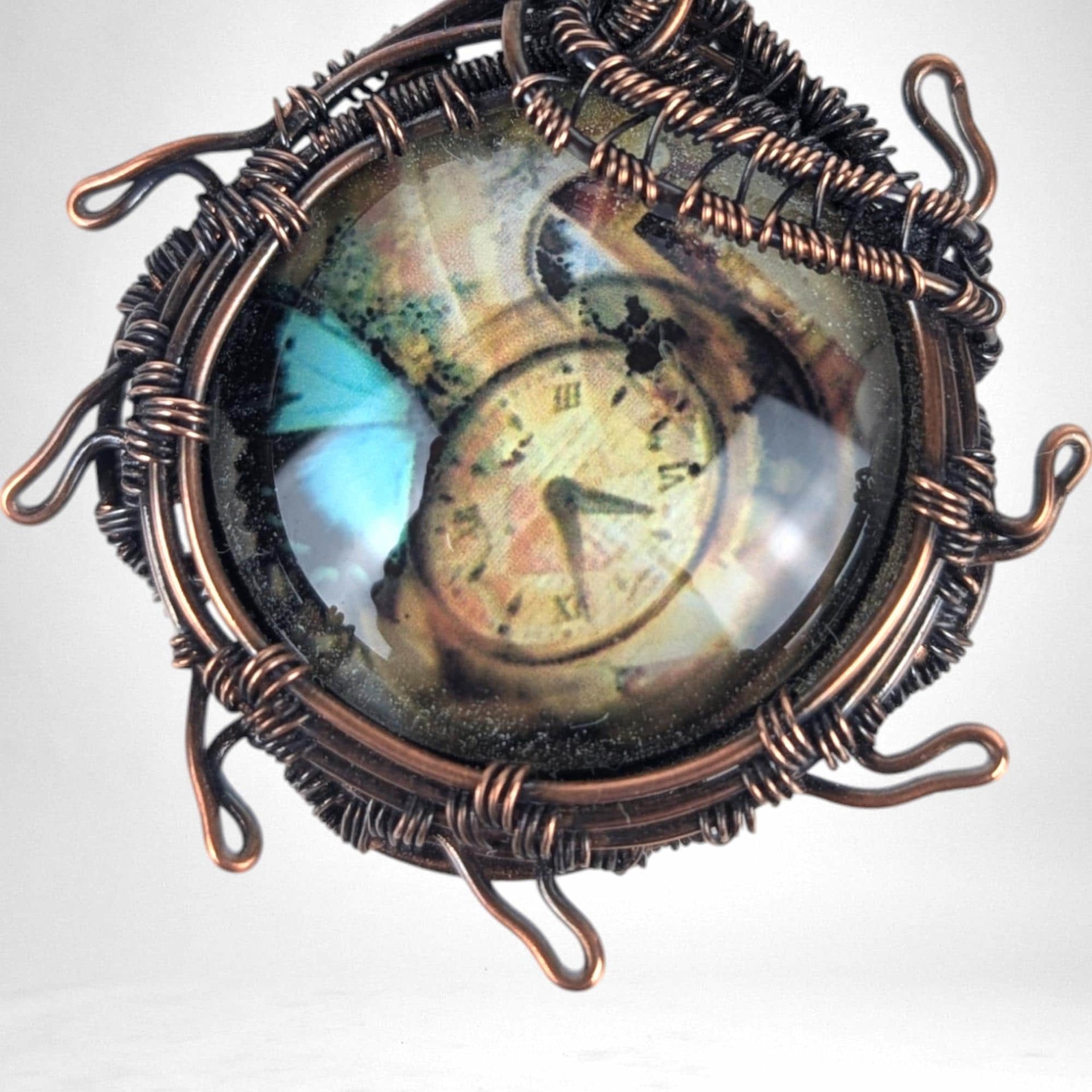 Handcrafted Copper Wire Wrapped Pendant | Clock Collage | Picture Cabochon | Earth Tones | Unique Gift | Vintage Style
