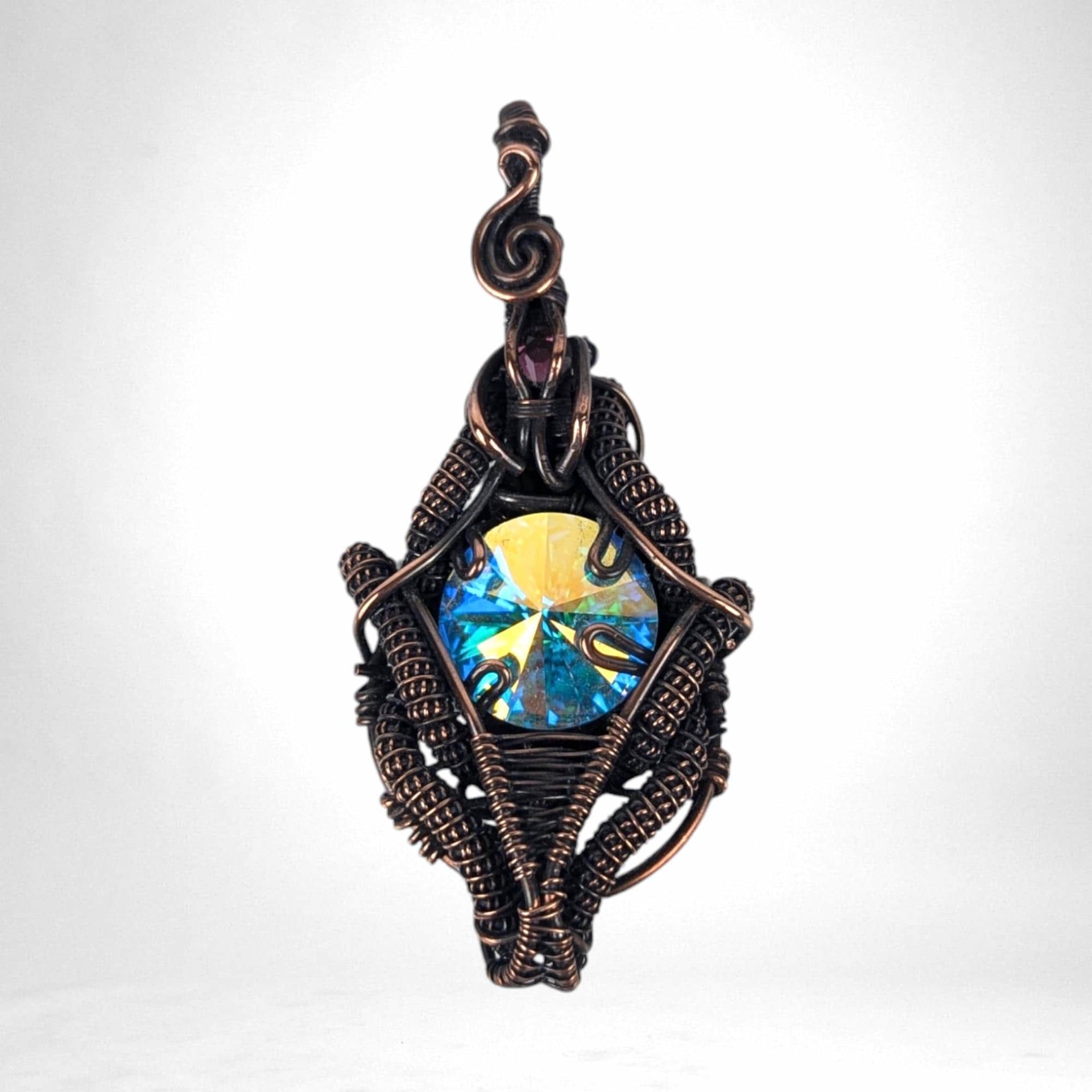 Colorful Crystal Pendant | Copper Wire Wrapped | Rivoli Focal Point | Bohemian Jewelry