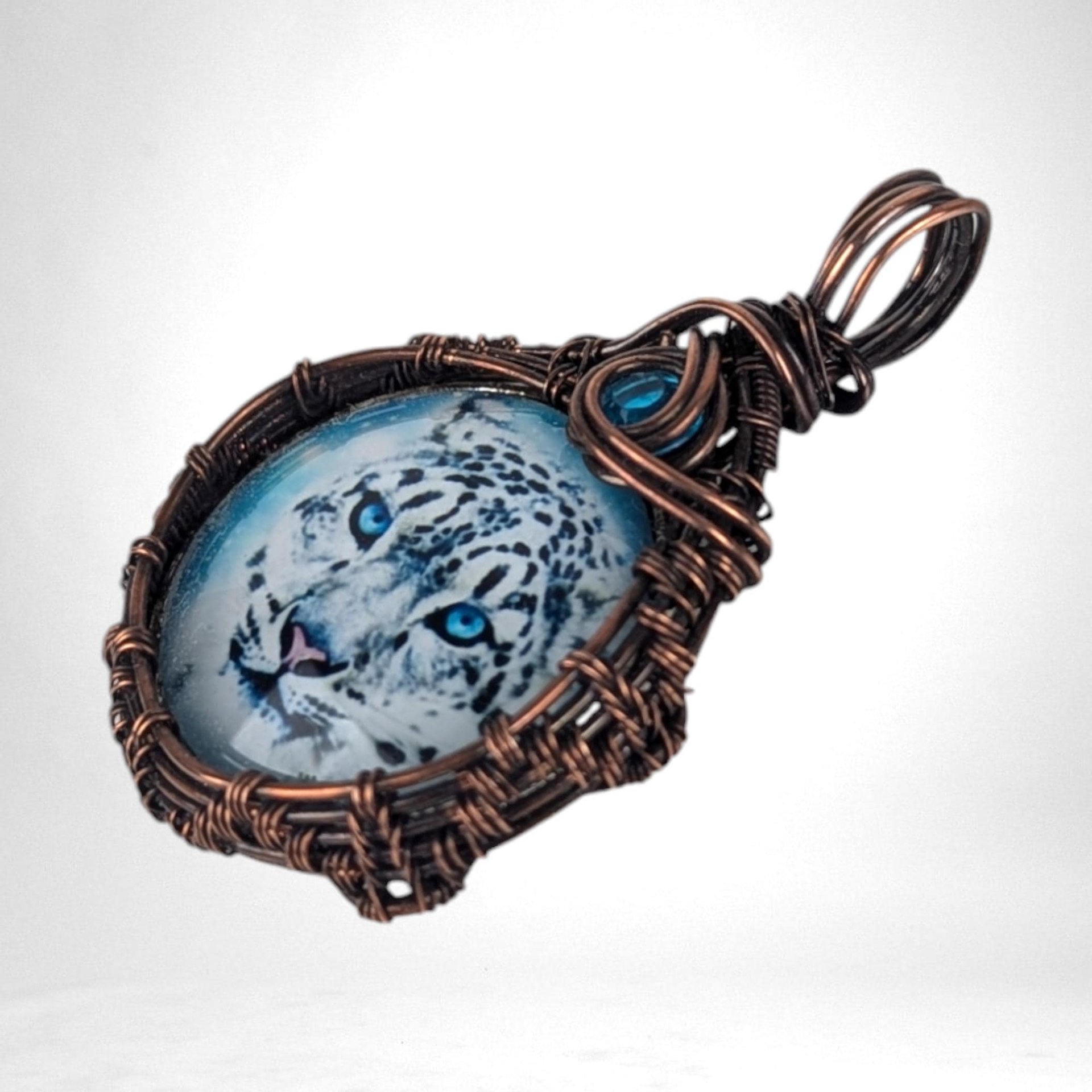 Handmade Snow Leopard Pendant | Copper Wire Wrapped | Blue Accent | Nature Inspired Jewelry