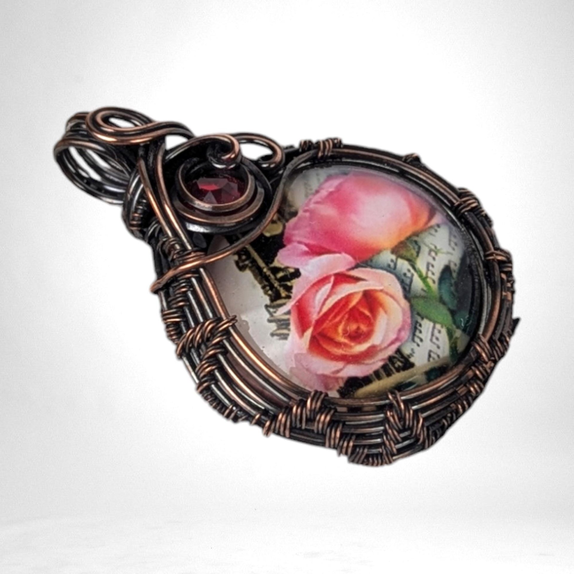 Handmade Copper Wire Wrapped Rose Necklace | Pink Rose Cabochon Pendant | Red Glass Bead Accent |  Gift for Her