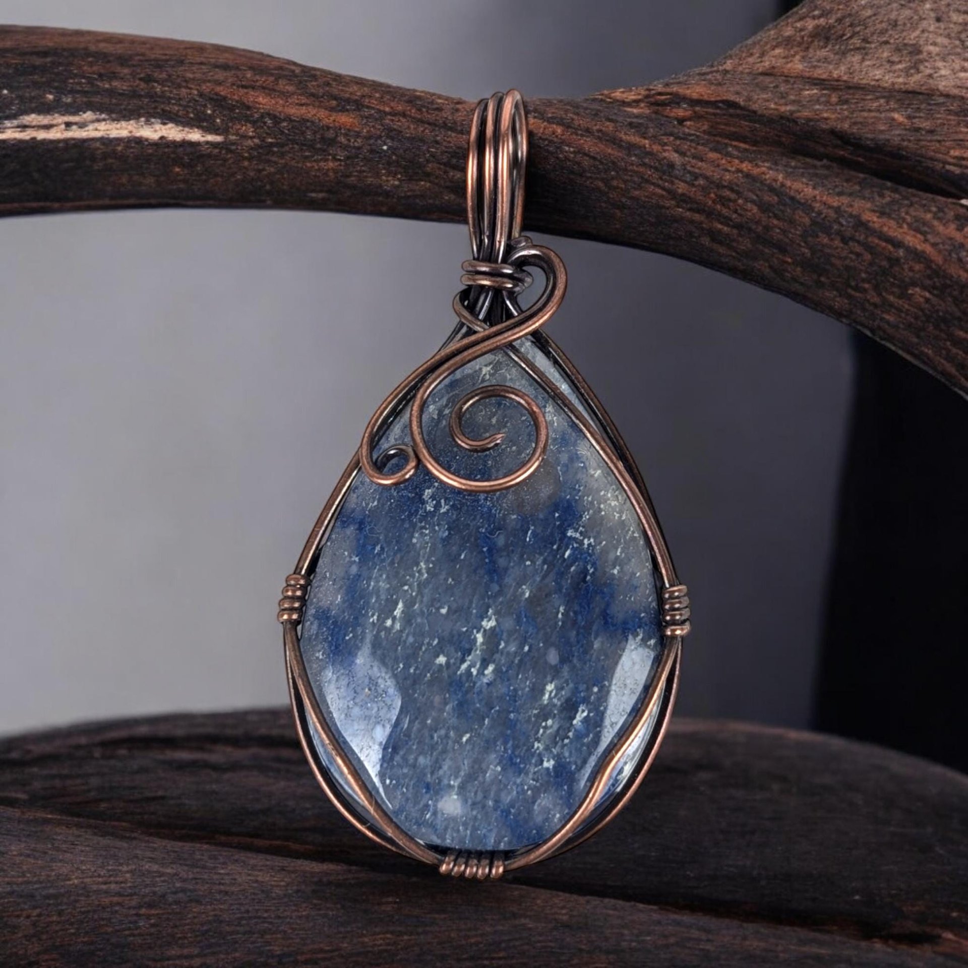 Handmade Copper Wire Wrapped Blue Quartz Pendant | Antiqued Copper Jewelry | Unique Gift for Crystal Lovers | Boho Chic Necklace Pendant