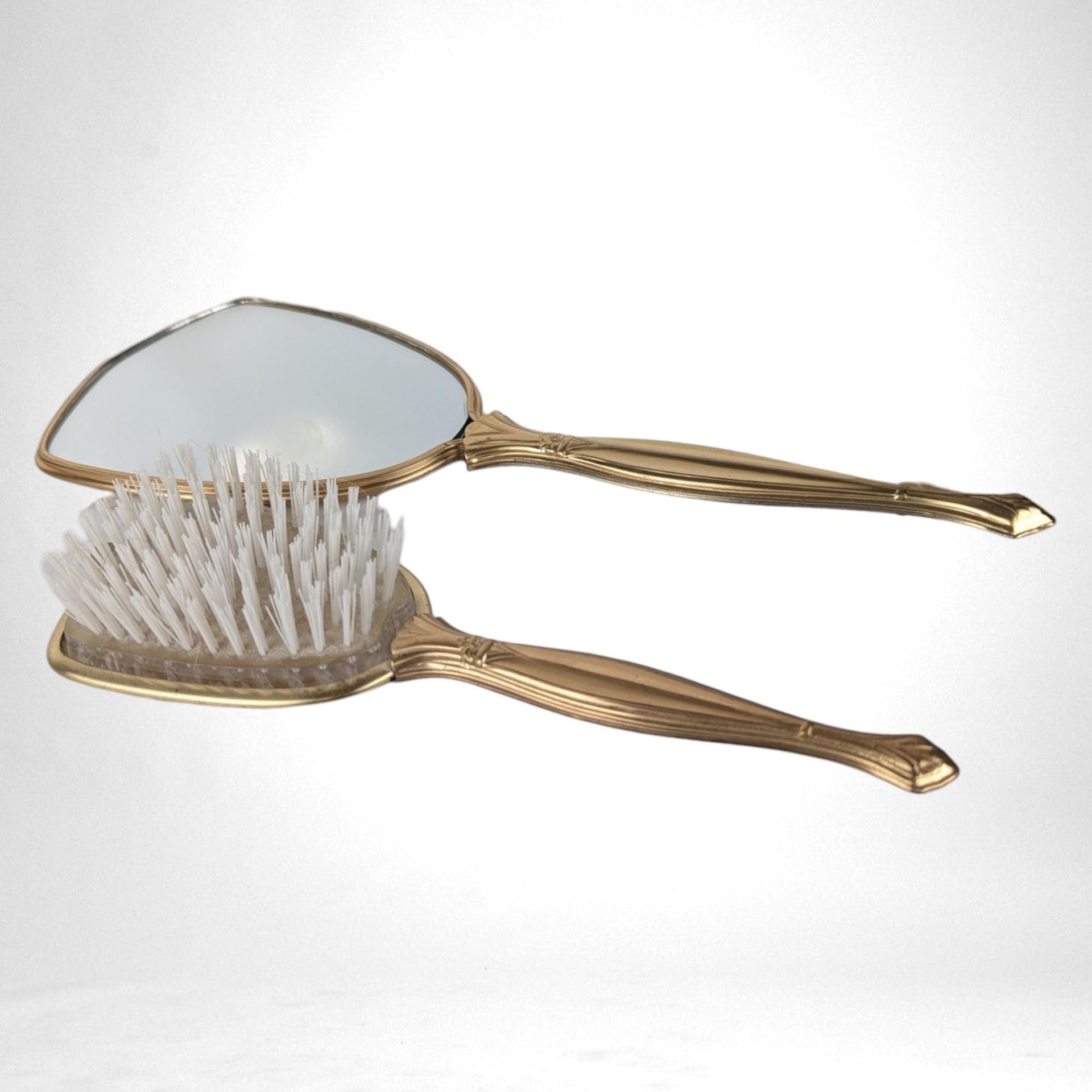 Vintage Vanity Brush and Mirror Set, Pink with Gold Flowers