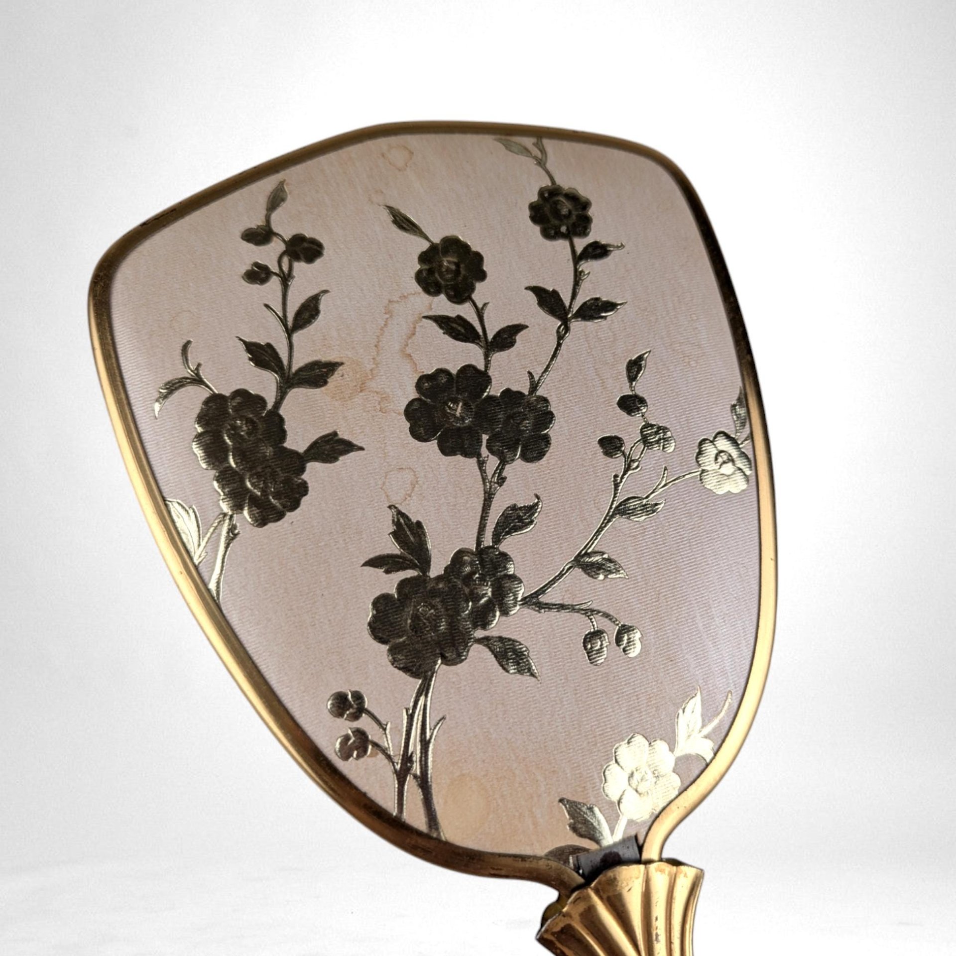 Vintage Vanity Brush and Mirror Set, Pink with Gold Flowers