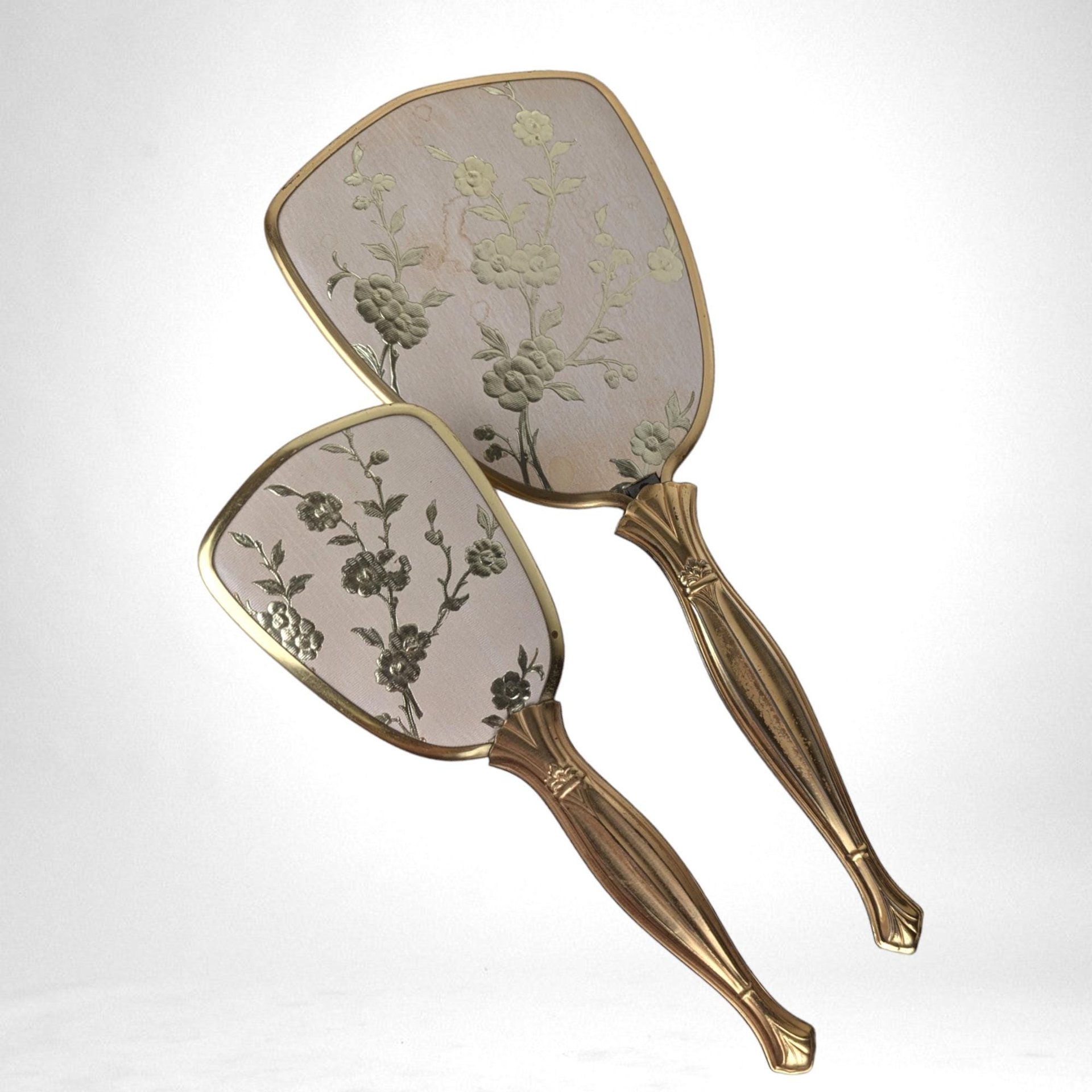 Vintage Vanity Brush and Mirror Set, Pink with Gold Flowers