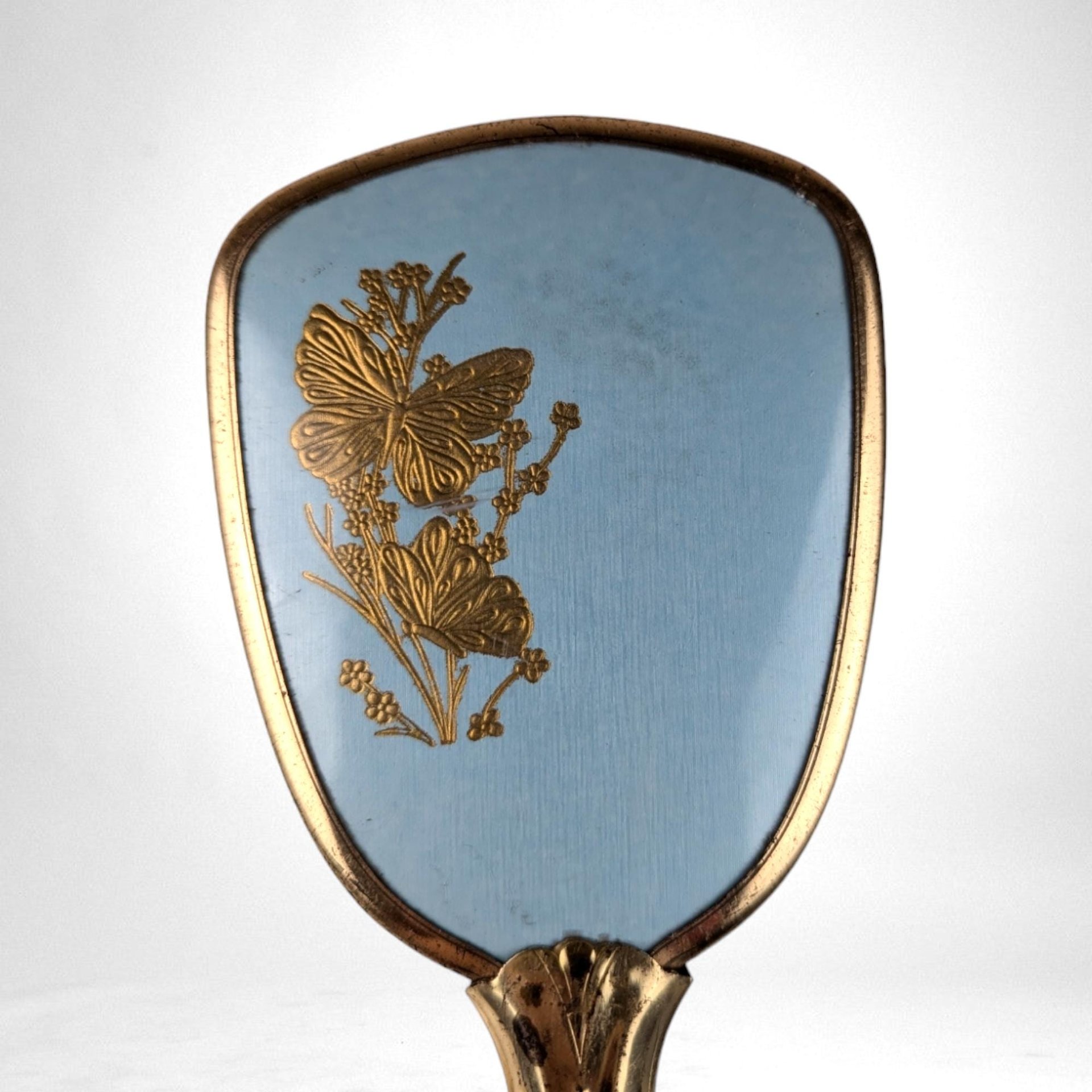 Vintage Hair Brush, Blue with Gold Flowers and Butterflies