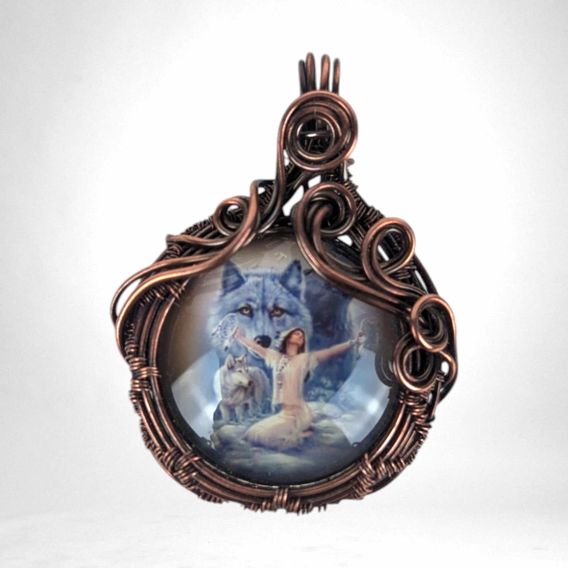 Copper Wire Wrapped Pendant Featuring Female and Wolves | Unique Artisan Jewelry | Nature-Inspired Statement Necklace | Bohemian Style