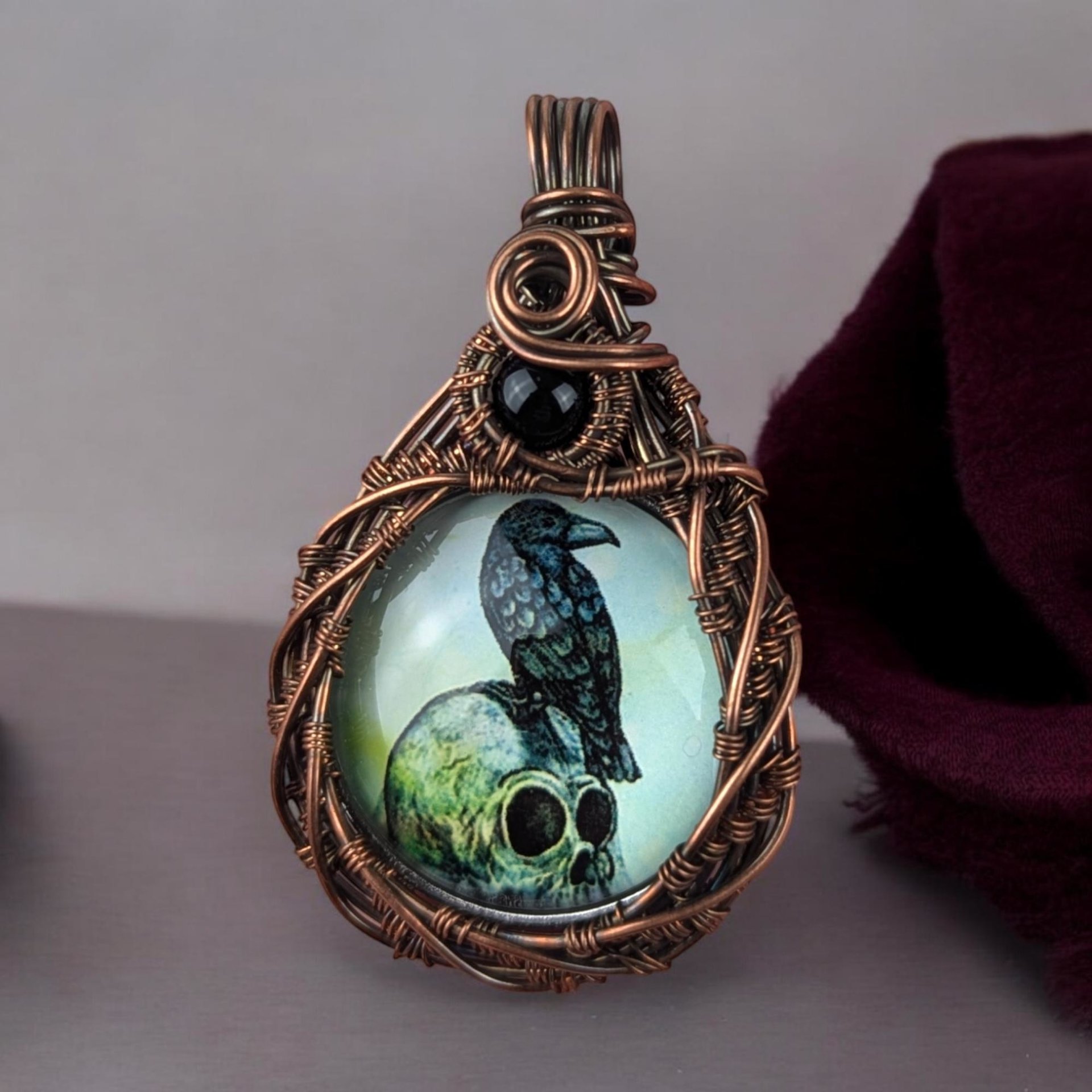 Copper Wire Wrapped Pendant with Raven and Skull | Unique Gothic Jewelry | Handmade Statement Necklace | Dark Aesthetic Accessory