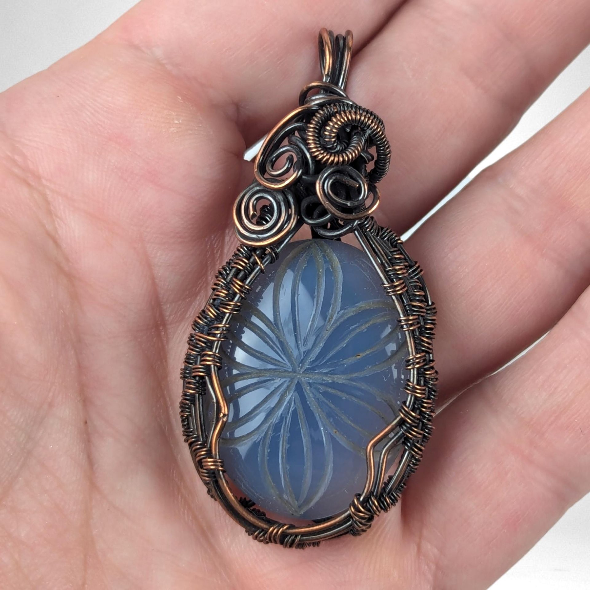 Copper Wire Wrapped Hand Carved Blue Onyx Pendant | Unique Artisan Jewelry | Natural Stone Necklace | Bohemian Style Gift for Her