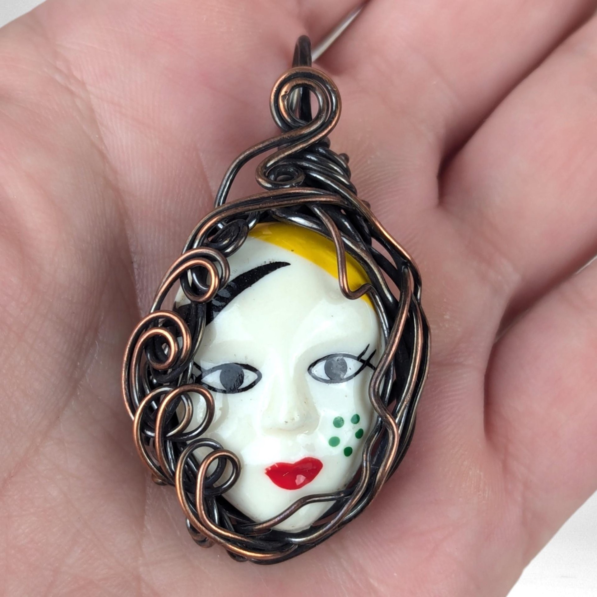 Mardi Gras Necklace | Copper Wire Wrapped Pendant | Female Face | Bohemian Jewelry | Oxidized Copper | Gift for Her
