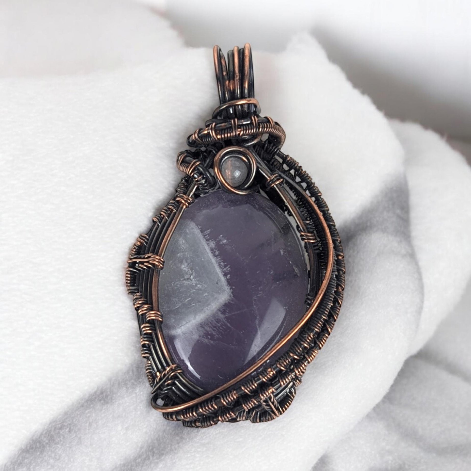 Copper Wire Wrapped Amethyst Pendant | Handmade Crystal Jewelry | Antiqued Copper & Glass Accent | 2" | Gift for Her