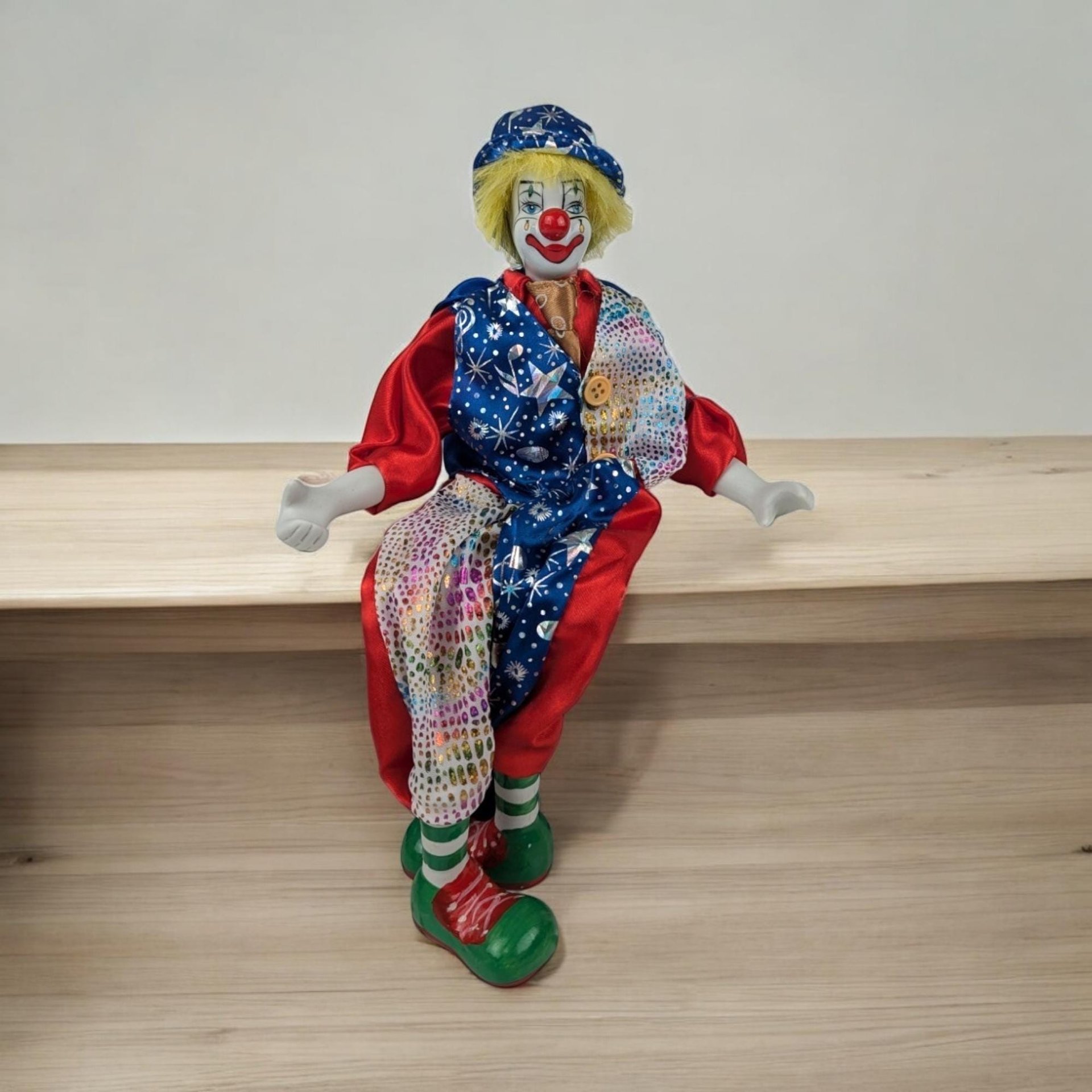 Vintage Porcelain Circus Clown Shelf Sitter Figurine | 14" Collectible Clown Decor | Whimsical Gift