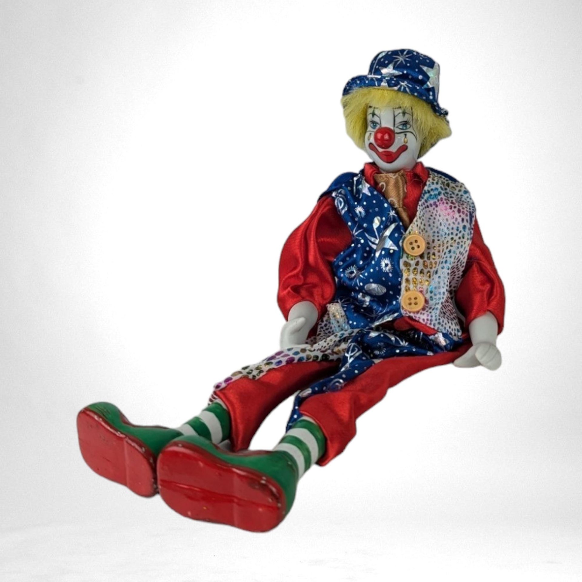 Vintage Porcelain Circus Clown Shelf Sitter Figurine | 14" Collectible Clown Decor | Whimsical Gift