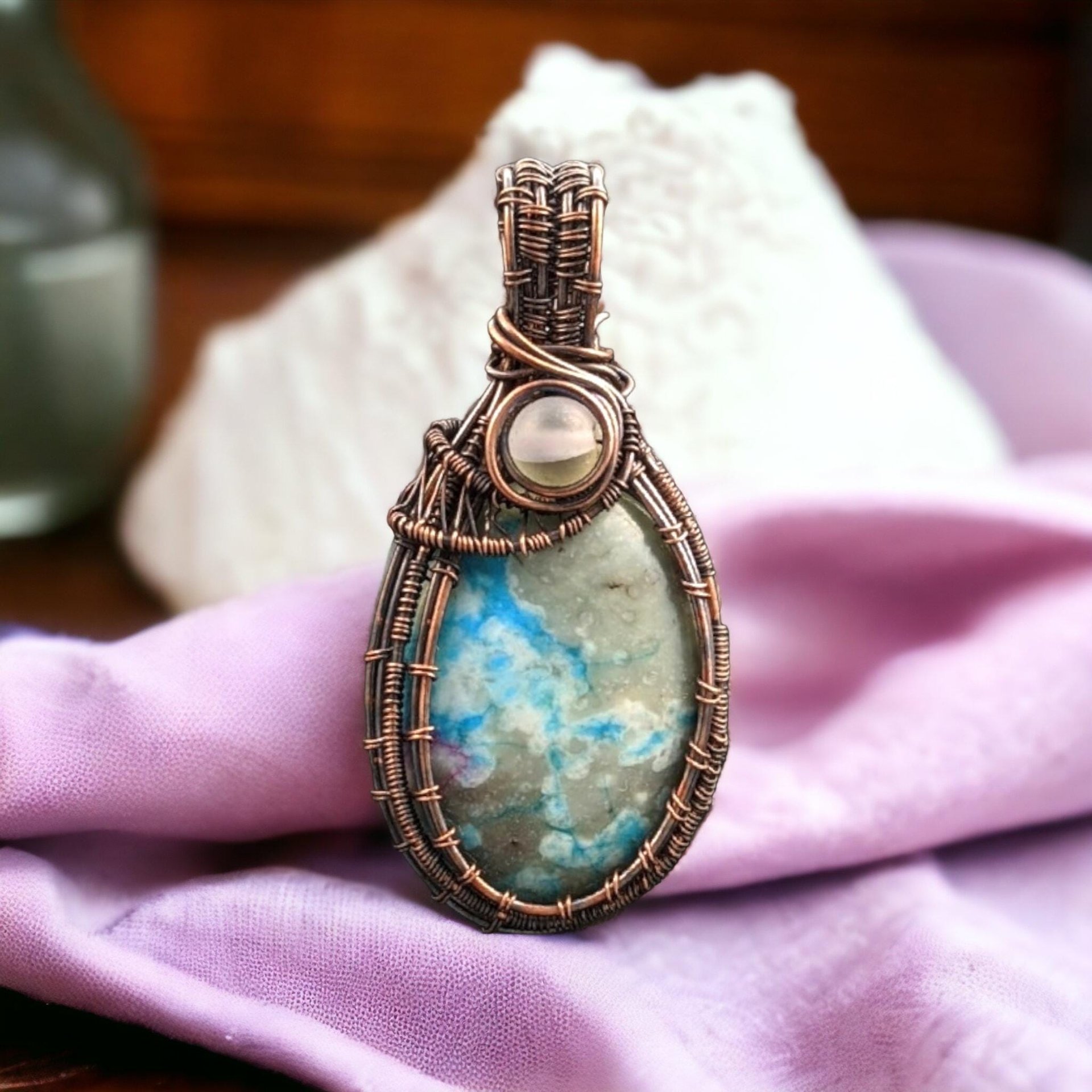 Copper Wire Wrapped Natural Stone Necklace | Handmade Artisan Jewelry | Unique Bohemian Style Pendant | Gift for Her