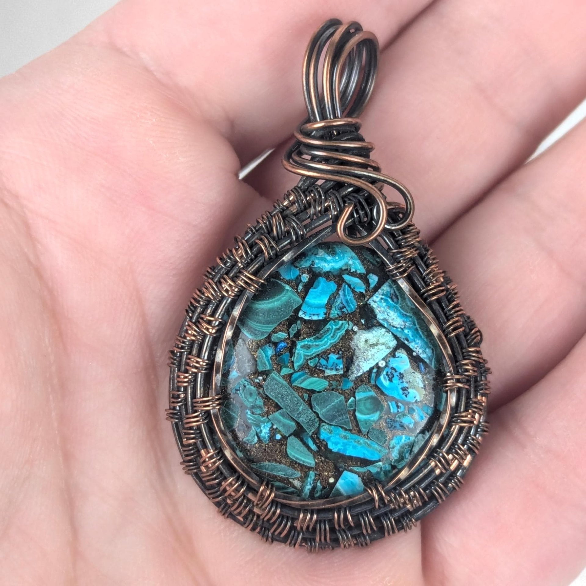 Handcrafted Copper Wire Wrapped Azurite/Malachite Pendant | 2" Unique Rustic Jewelry | Oxidized Copper Wire | Natural Stone Gift