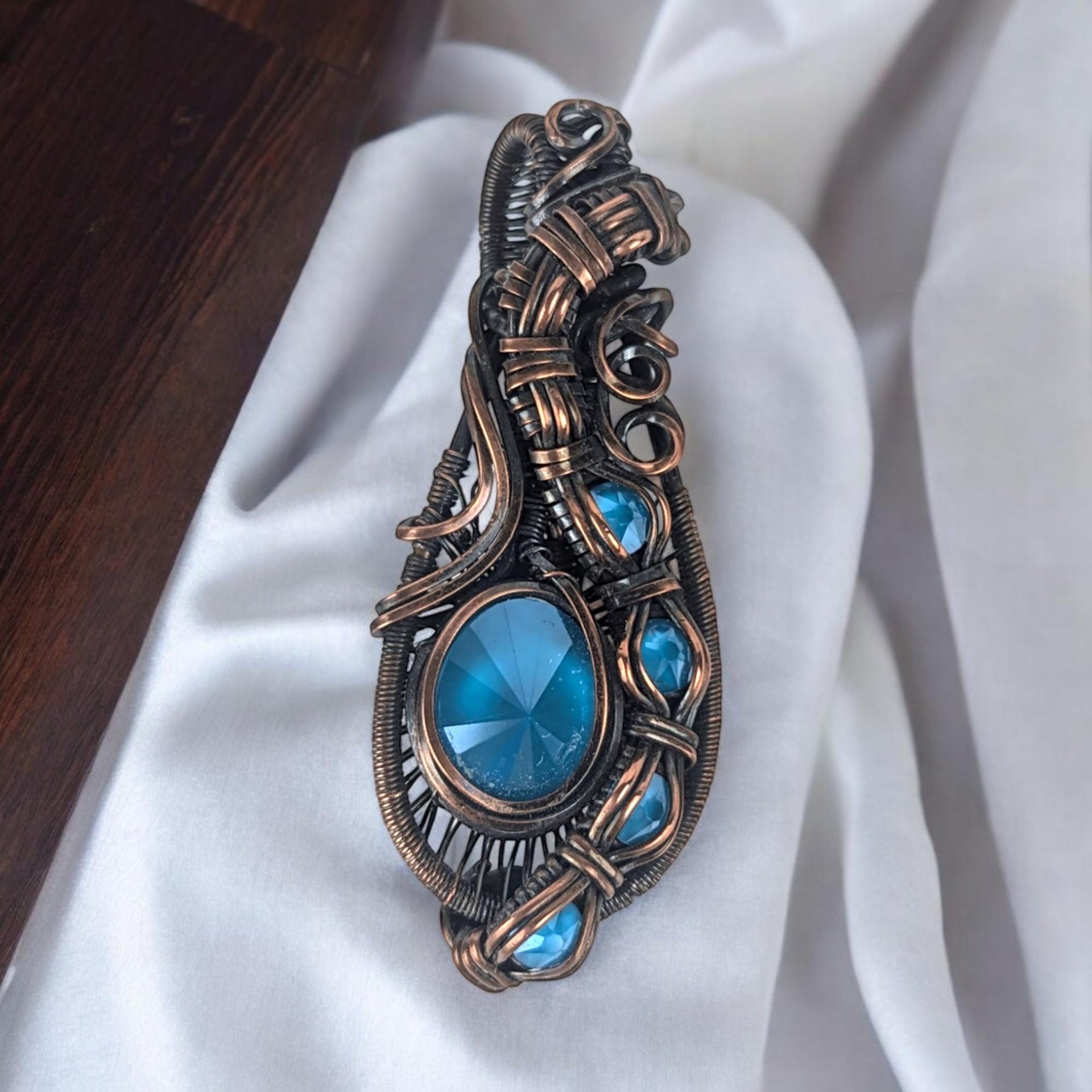 Copper Wire Wrapped Blue Rivoli Pendant | Handmade Crystal Jewelry | 2" Height | Unique Gift | No Chain