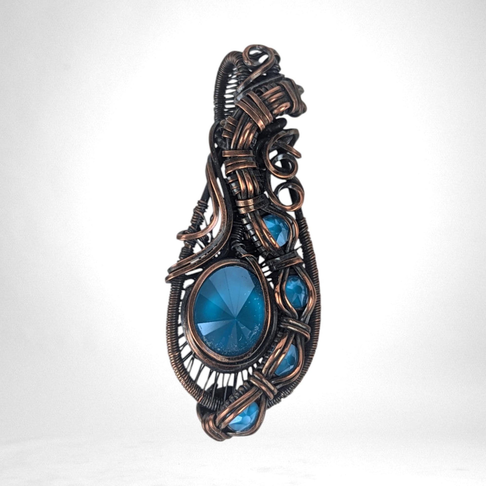 Copper Wire Wrapped Blue Rivoli Pendant | Handmade Crystal Jewelry | 2" Height | Unique Gift | No Chain