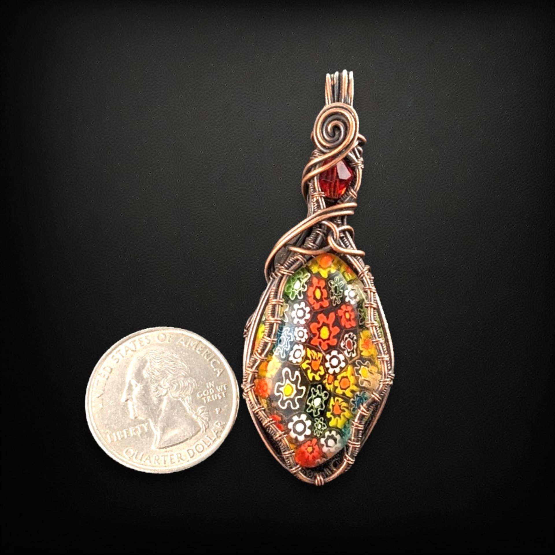 Copper Wire Wrapped Millefiori Pendant | Handmade Glass Jewelry | 2.5" Height | Red Bead Accent | Unique Gift | No Chain