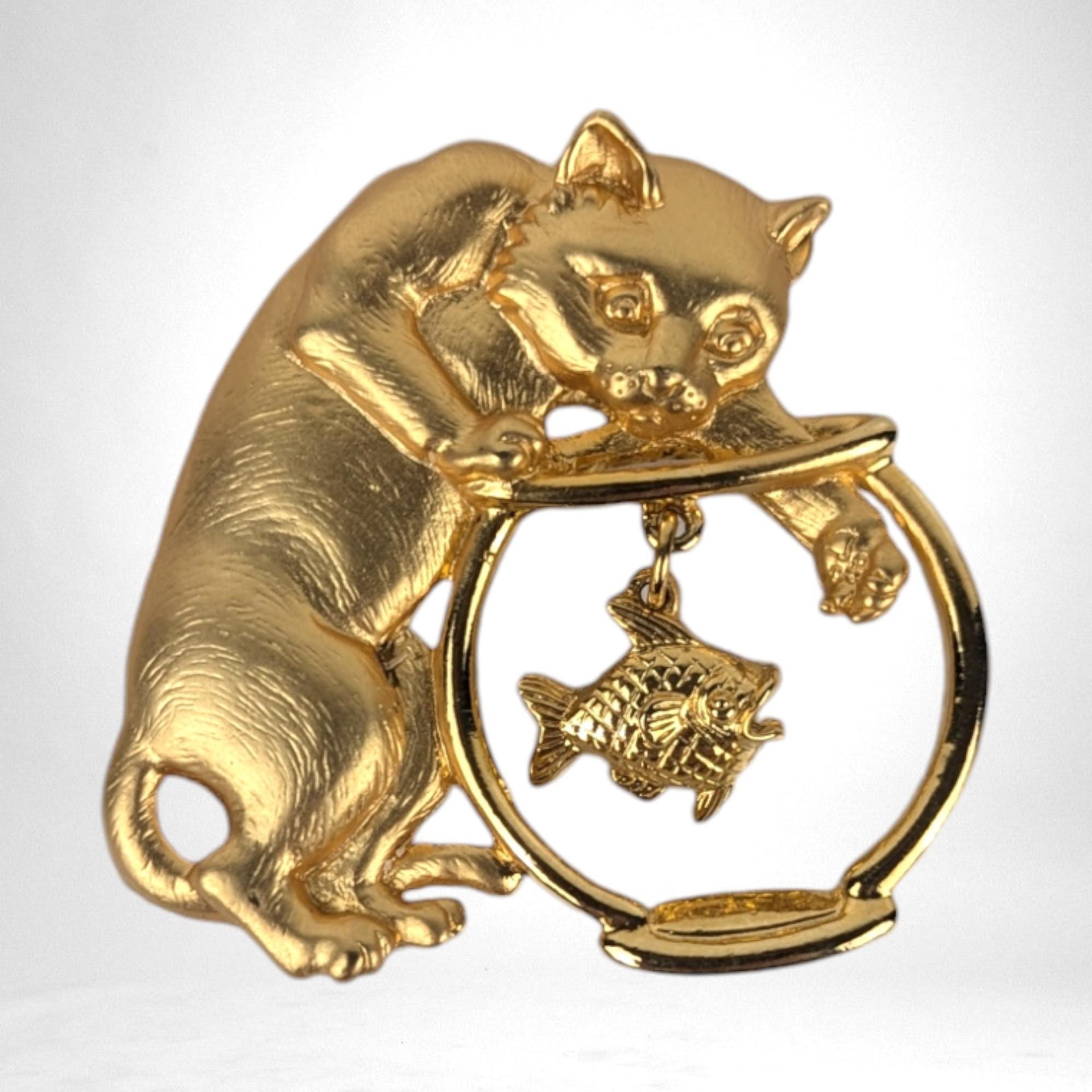 Vintage Gold Toned Cat and Fishbowl Brooch | Signed JJ Jonette Jewelry Co. | Whimsical Cat Brooch