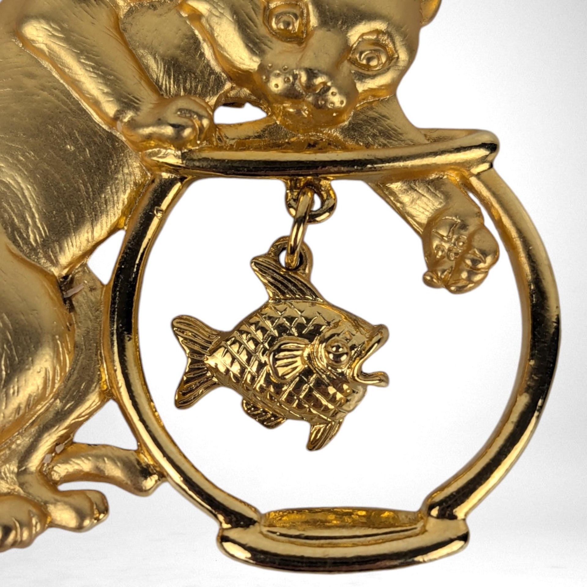 Vintage Gold Toned Cat and Fishbowl Brooch | Signed JJ Jonette Jewelry Co. | Whimsical Cat Brooch