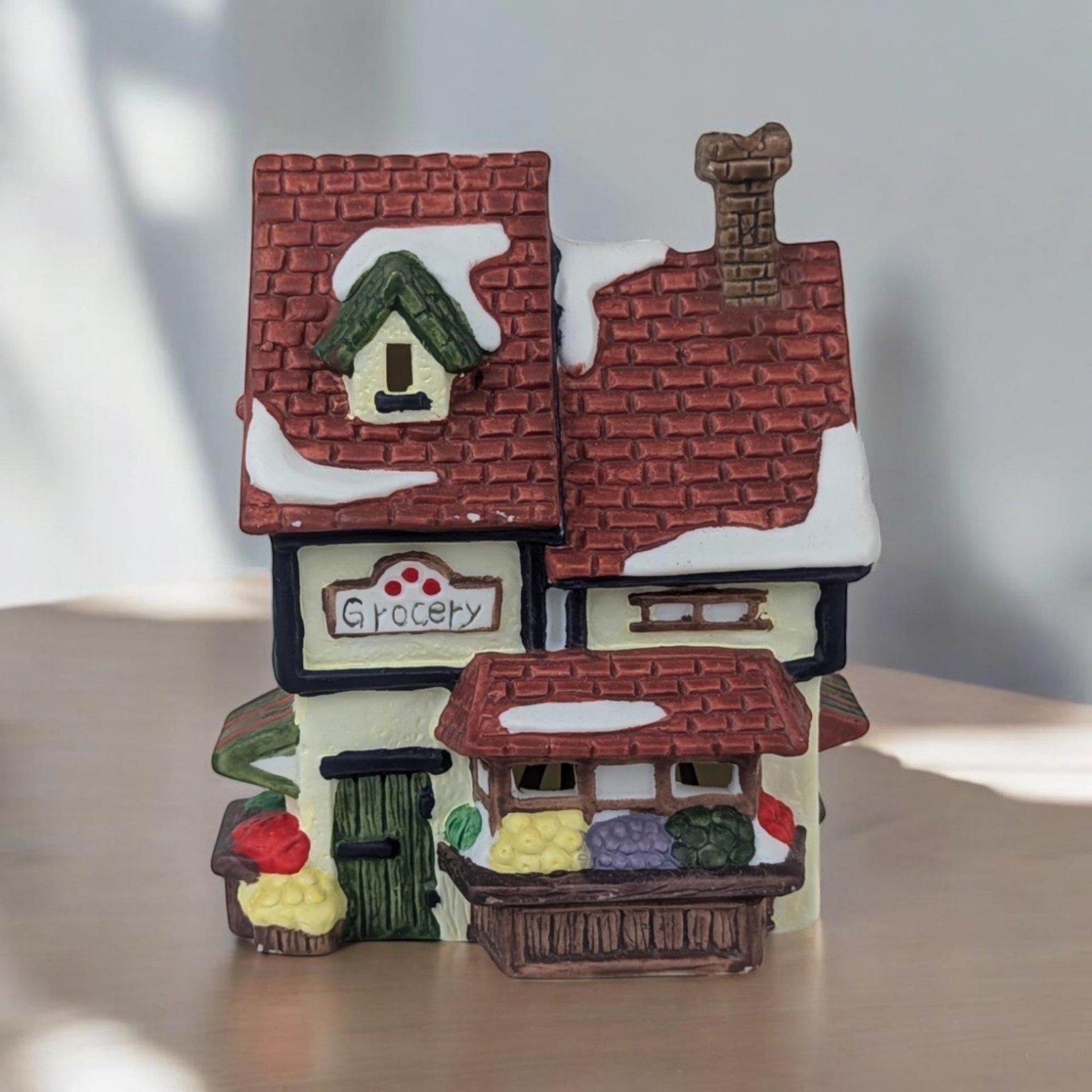 Vintage Heartland Valley Porcelain Lighted Village Buildings - Church, Grocery, Fabric Shop, House