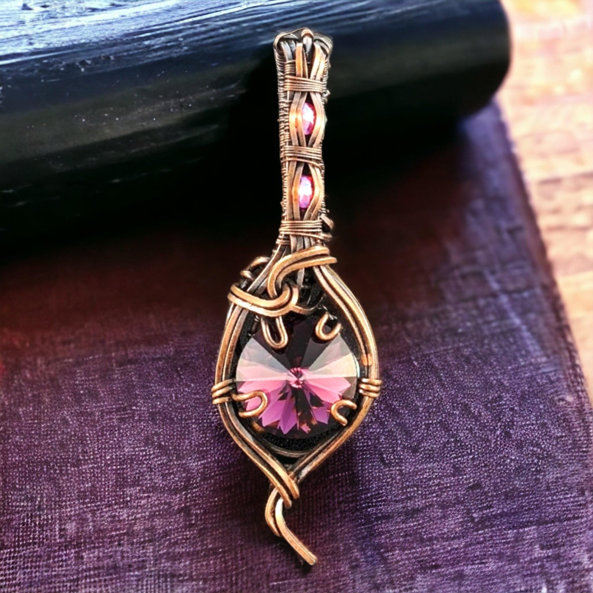 Handmade Copper Wire Wrapped Rivoli Crystal Pendant with Flat Back Gems, Antiqued Finish, Gift for Her, Statement Necklace