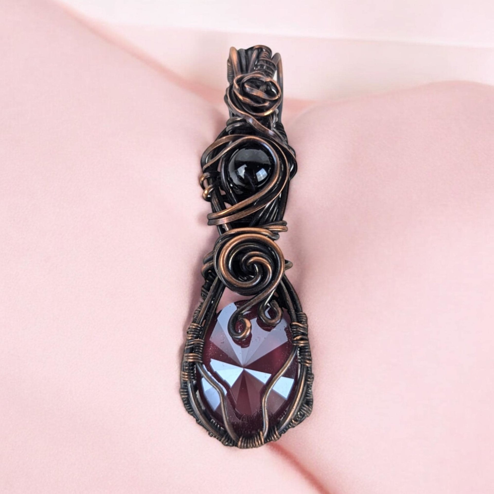 Handmade Copper Wire Wrapped Pendant with Purple Crystal and Black Bead, Artisan Pendant, Gothic Jewelry, Statement Pendant, Gift for Her
