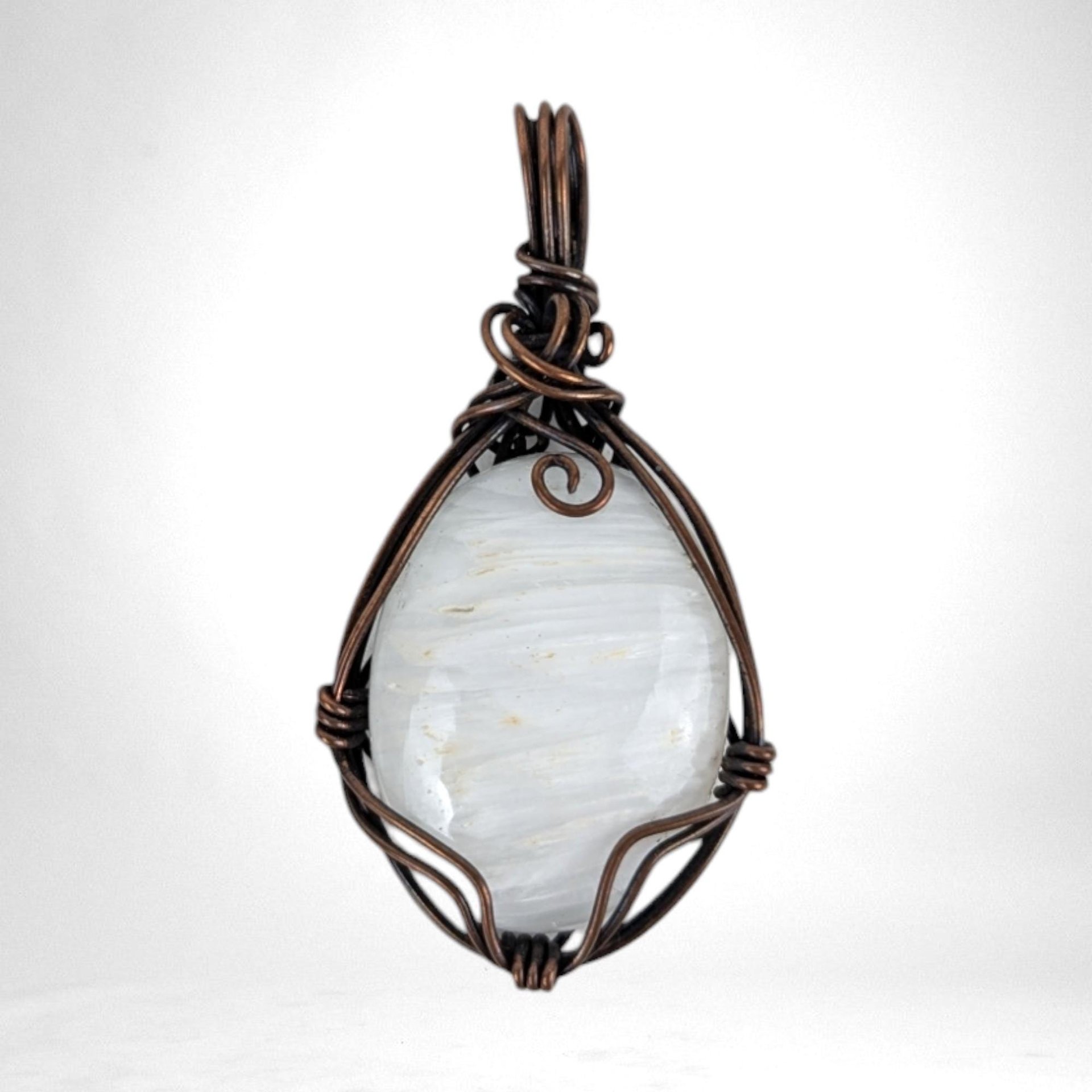Handmade Copper Wire Wrapped Scolecite Pendant - White Crystal, Antiqued Finish
