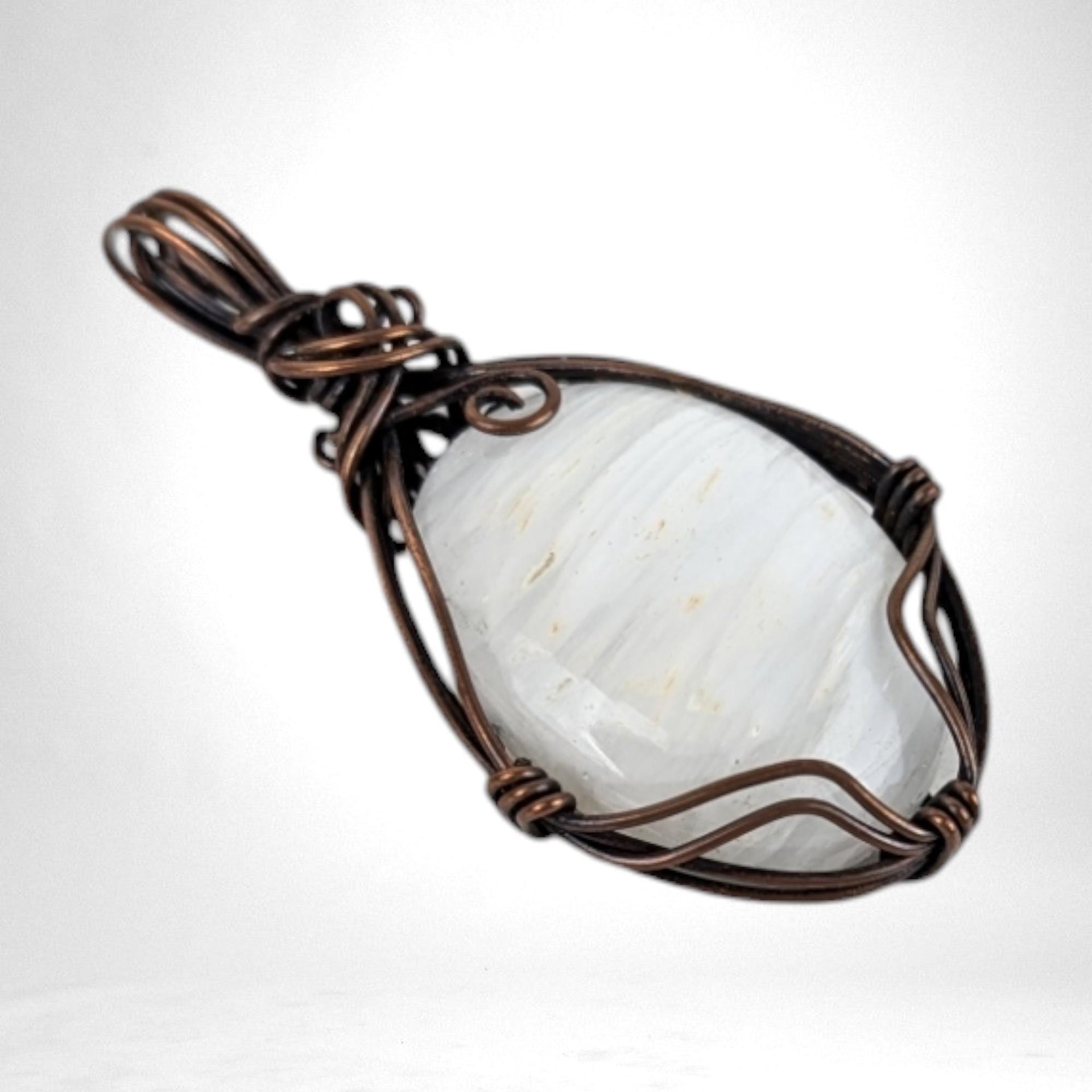 Handmade Copper Wire Wrapped Scolecite Pendant - White Crystal, Antiqued Finish