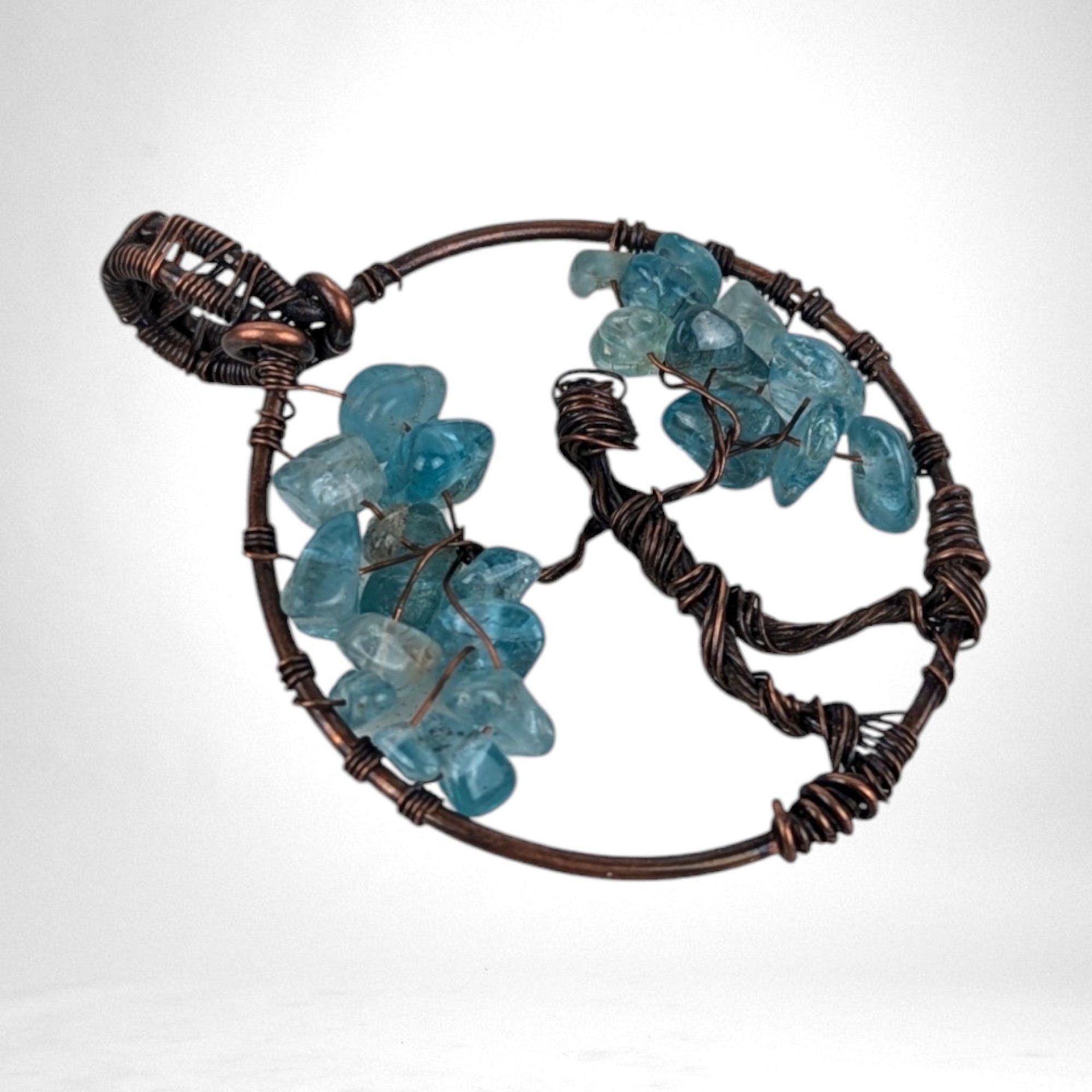Copper Wire Figure and Tree with Glass Chips Pendant | Handcrafted Wire-Wrapped Jewelry | Unique Artistic Necklace Charm