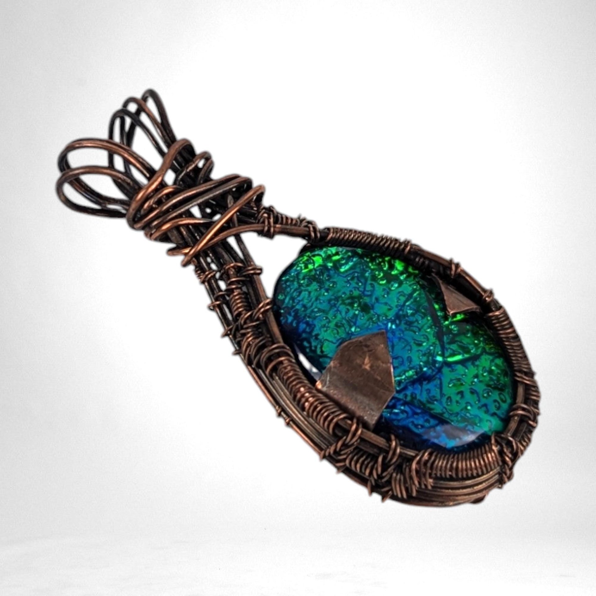 Handmade Copper Wire-Wrapped Imitation Opal Pendant | Unique Artisan Jewelry