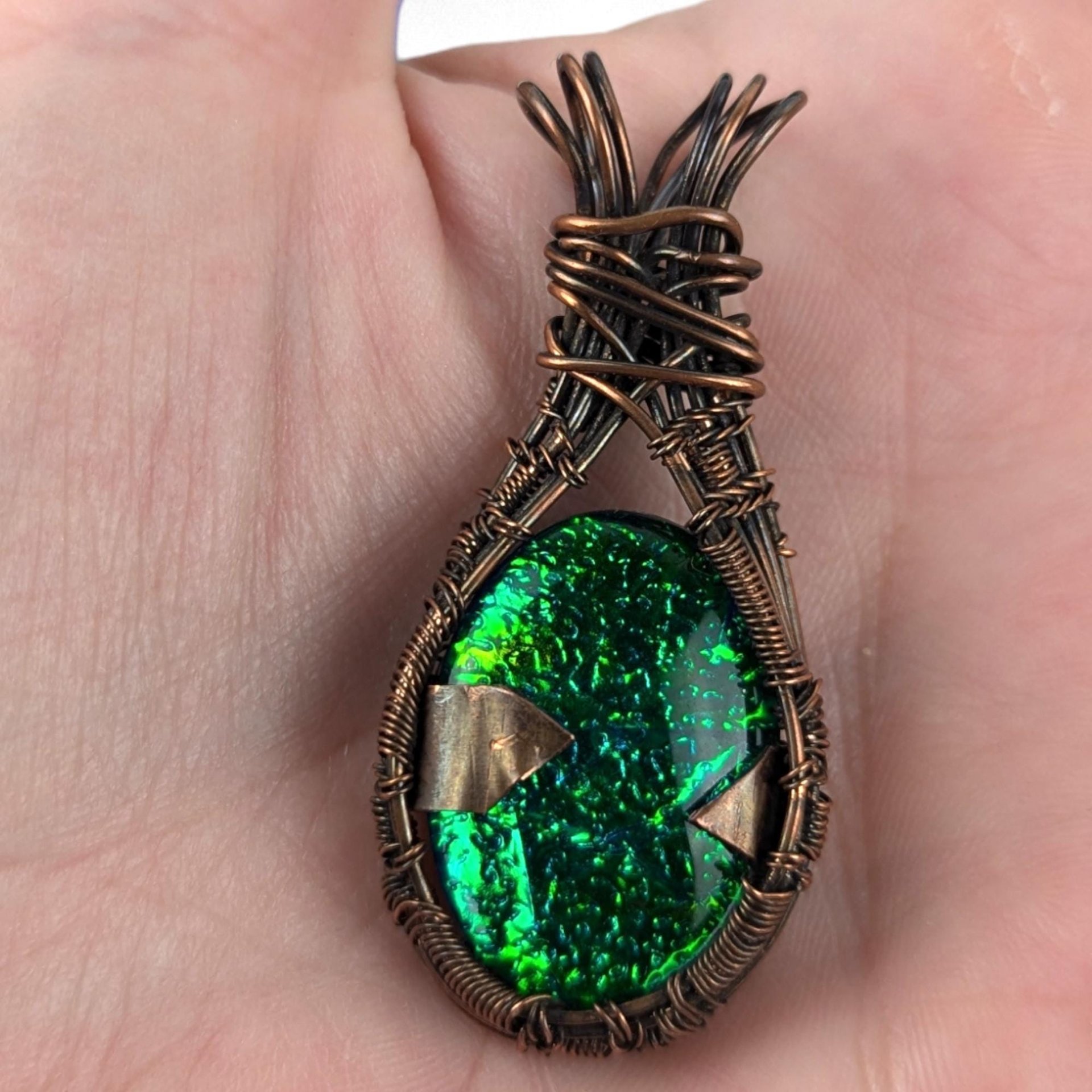 Handmade Copper Wire-Wrapped Imitation Opal Pendant | Unique Artisan Jewelry