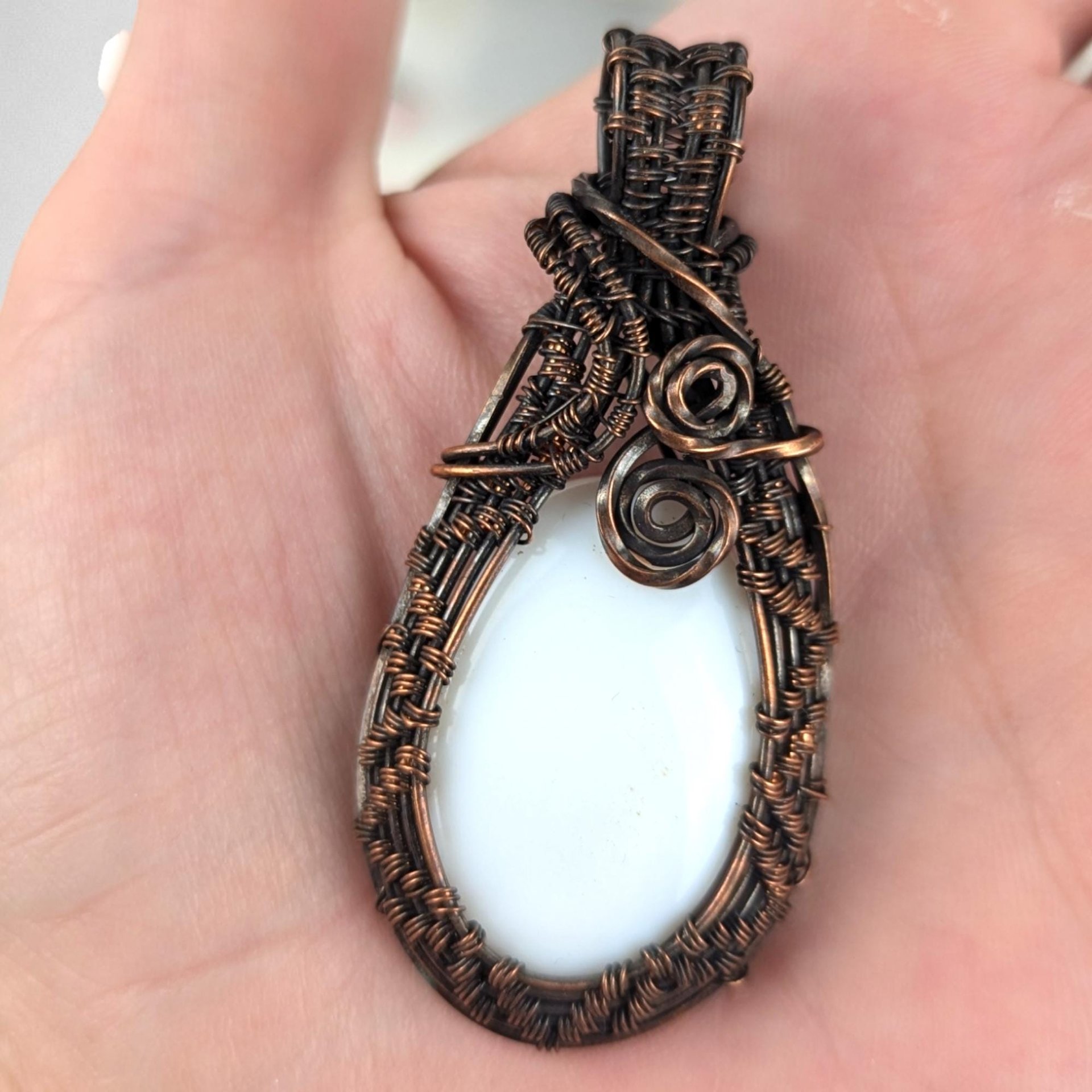 Handcrafted Copper Wire-Wrapped White Chalcedony Pendant | Serene Artisan Jewelry | Gift for Minimalist