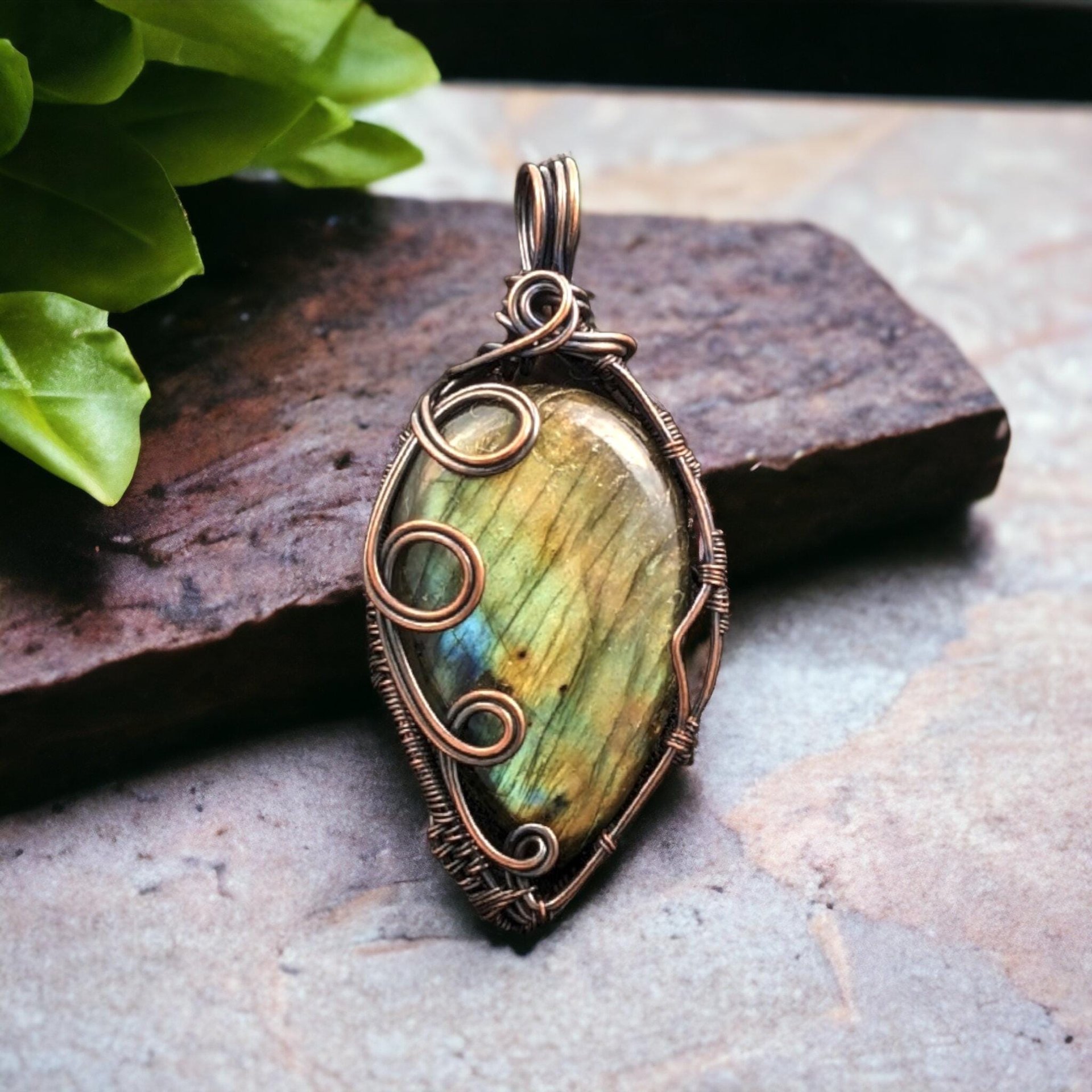 Handmade Labradorite Pendant | Copper Wire Wrapped | Green, Blue & Yellow Hues | 2.5" | Unique Gift