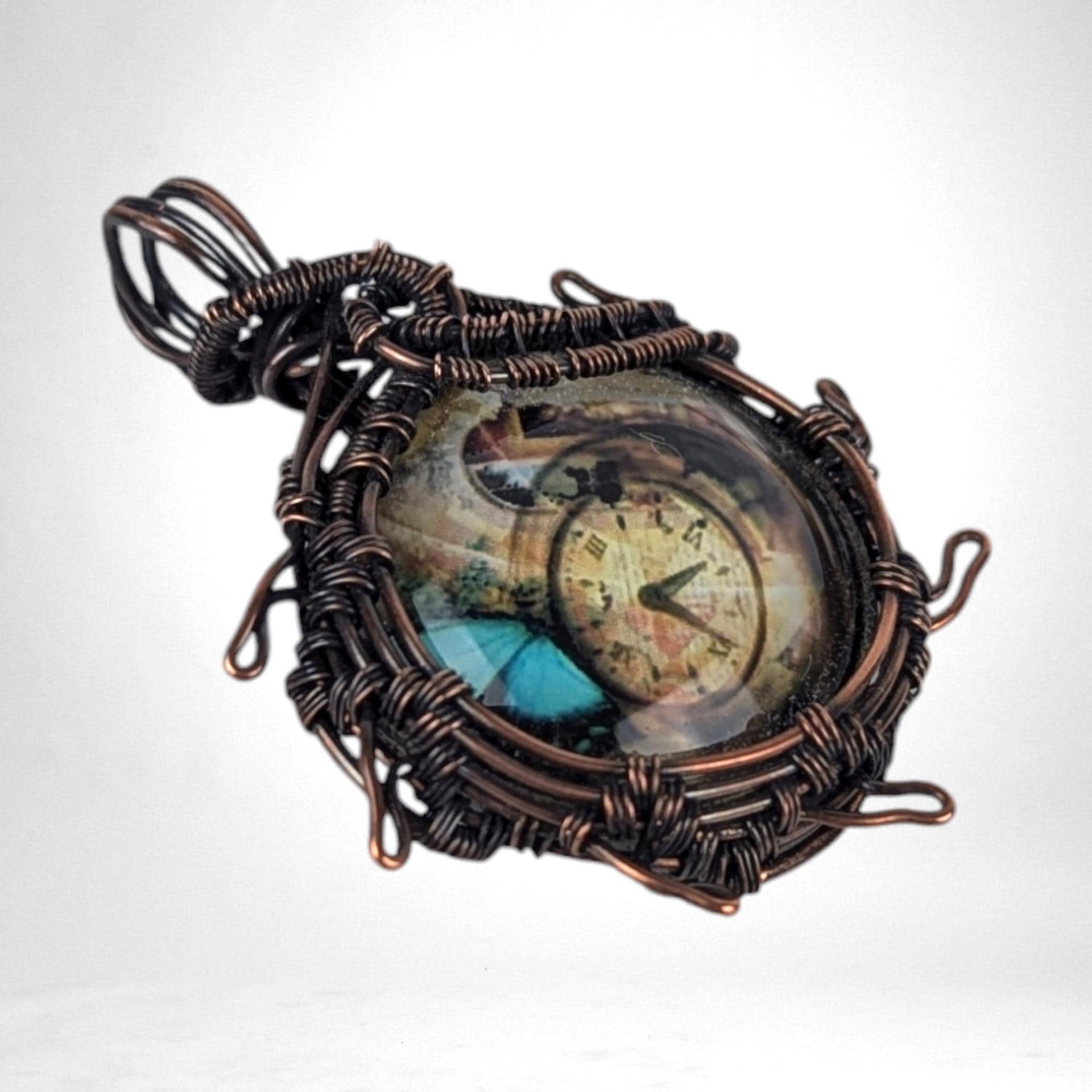 Handcrafted Copper Wire Wrapped Pendant | Clock Collage | Picture Cabochon | Earth Tones | Unique Gift | Vintage Style