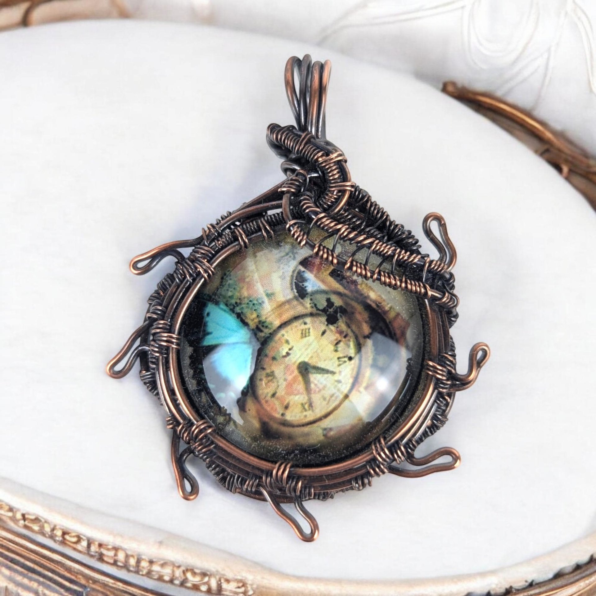 Handcrafted Copper Wire Wrapped Pendant | Clock Collage | Picture Cabochon | Earth Tones | Unique Gift | Vintage Style