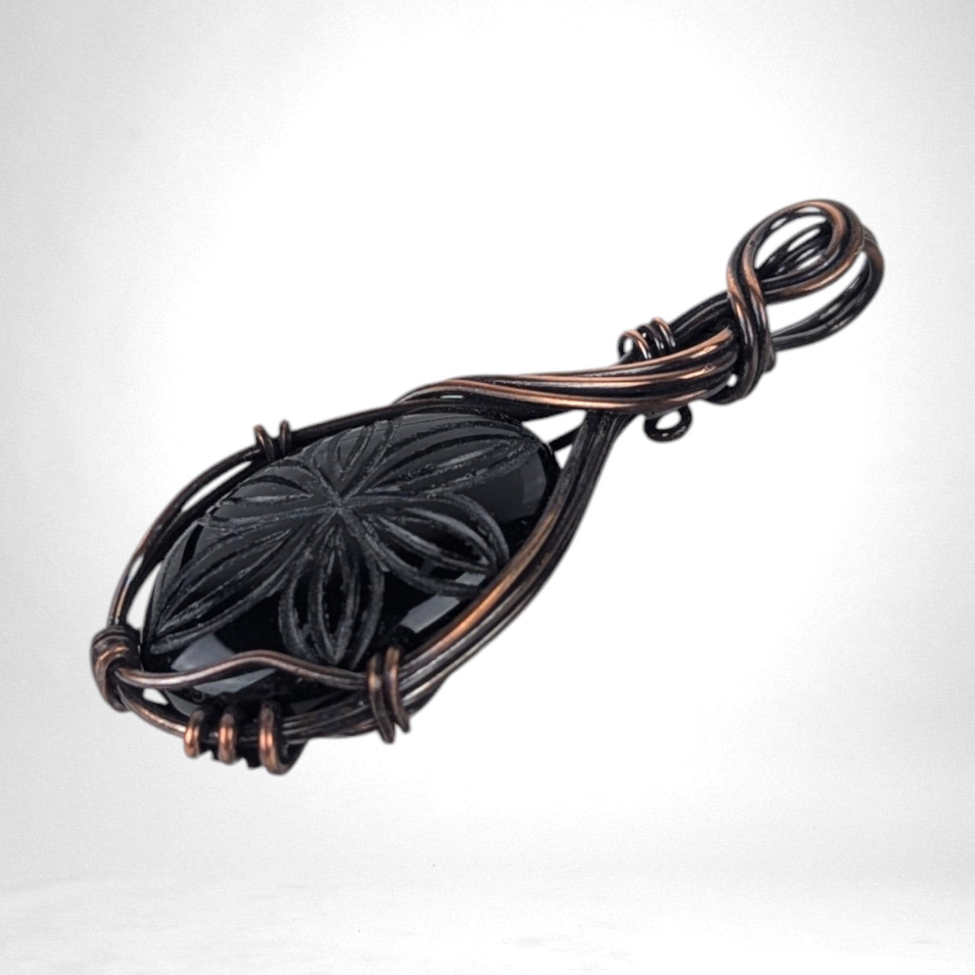 Handcrafted Black Onyx Pendant | Copper Wire Wrapped | Carved Flower Design | 2.25" | Unique Gift