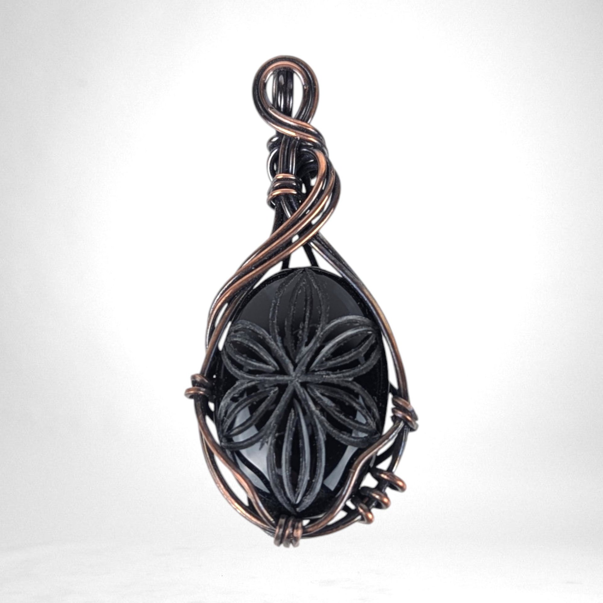 Handcrafted Black Onyx Pendant | Copper Wire Wrapped | Carved Flower Design | 2.25" | Unique Gift