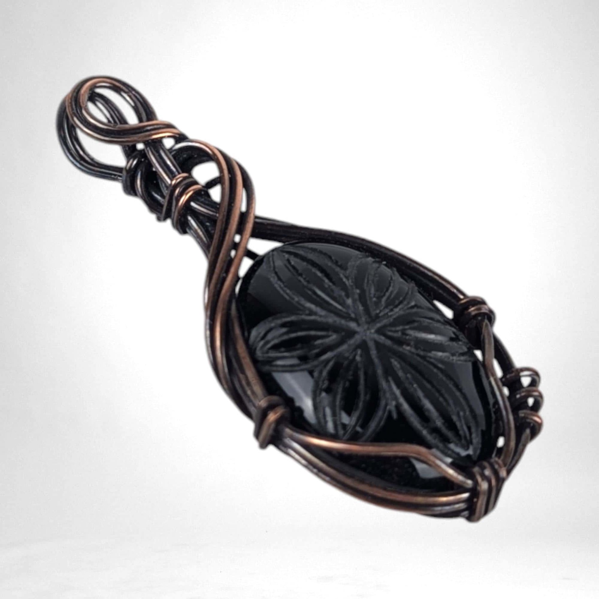 Handcrafted Black Onyx Pendant | Copper Wire Wrapped | Carved Flower Design | 2.25" | Unique Gift