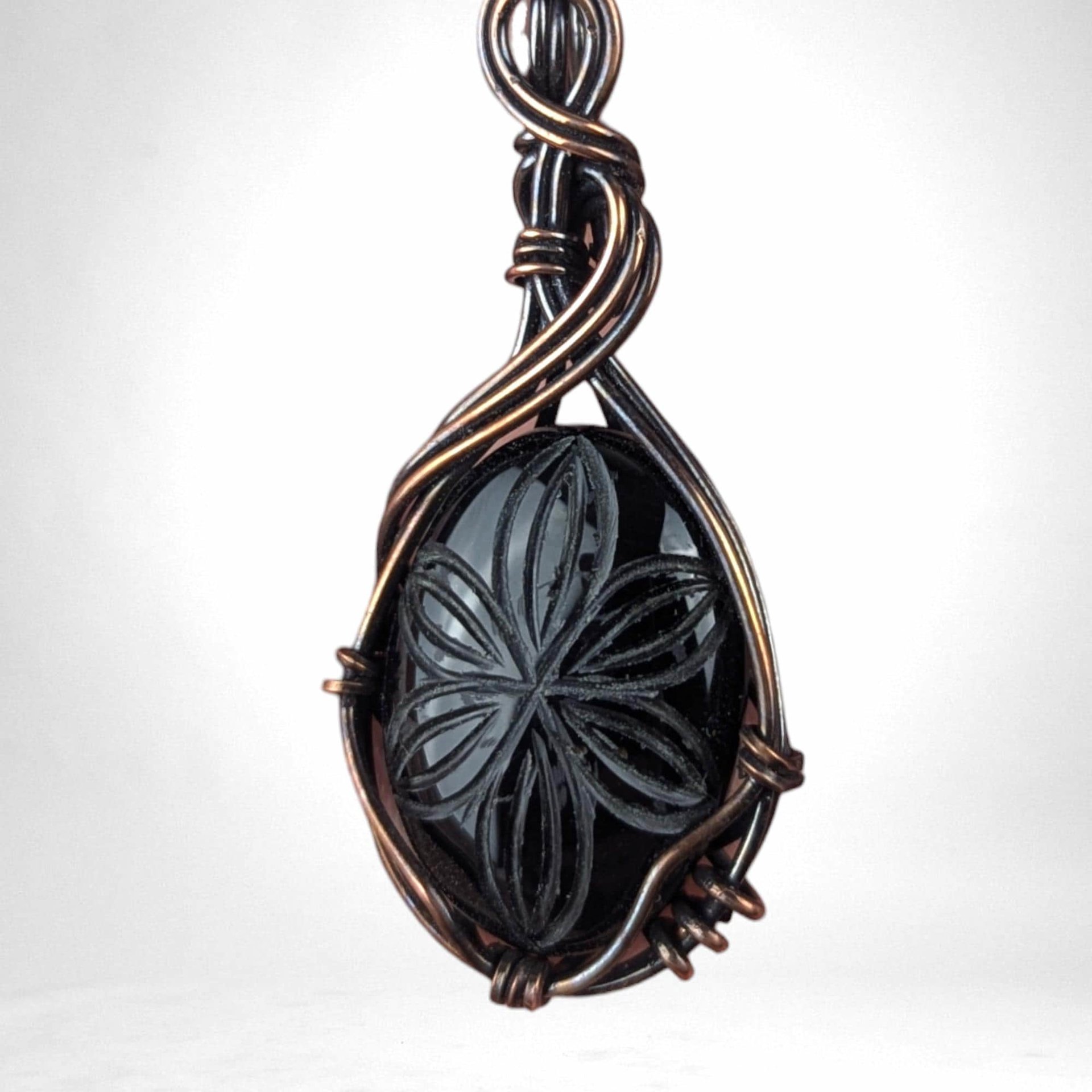 Handcrafted Black Onyx Pendant | Copper Wire Wrapped | Carved Flower Design | 2.25" | Unique Gift