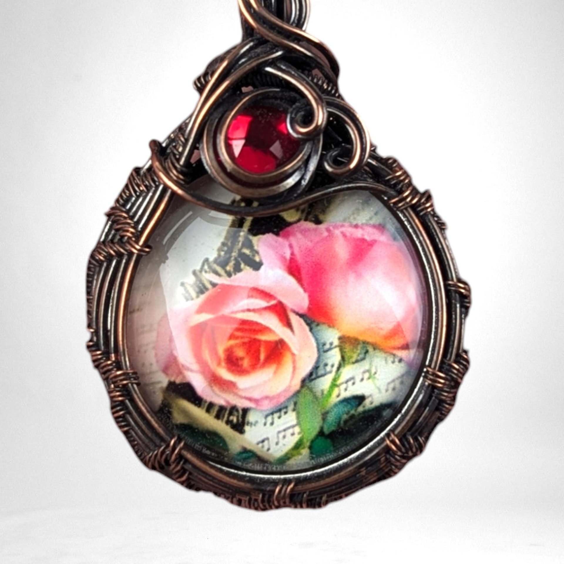 Handmade Copper Wire Wrapped Rose Necklace | Pink Rose Cabochon Pendant | Red Glass Bead Accent |  Gift for Her