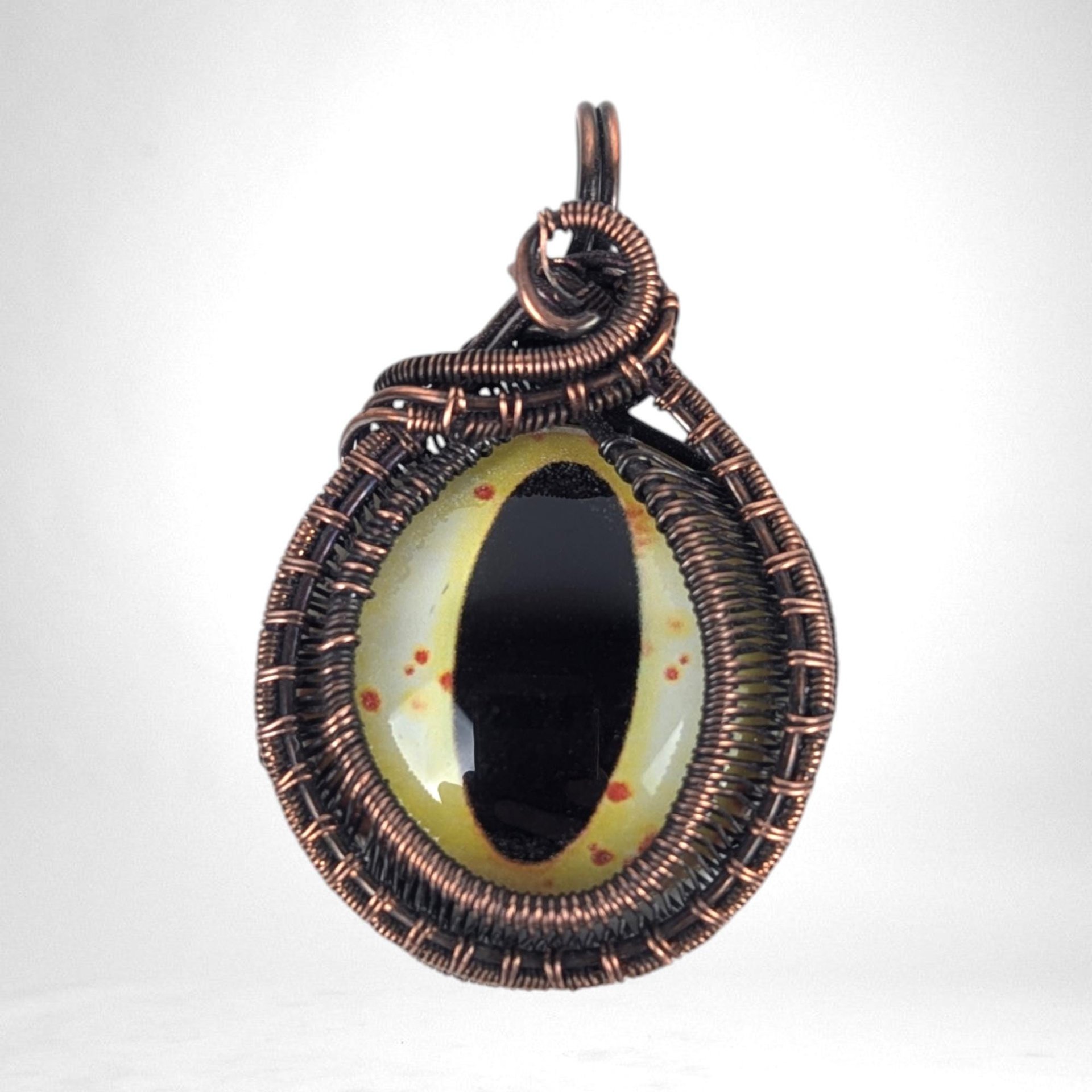 Copper Wire-Wrapped Pendant with Yellow Eye | Unique Artisan Jewelry | Handmade Statement Necklace | Bohemian Style Accessory