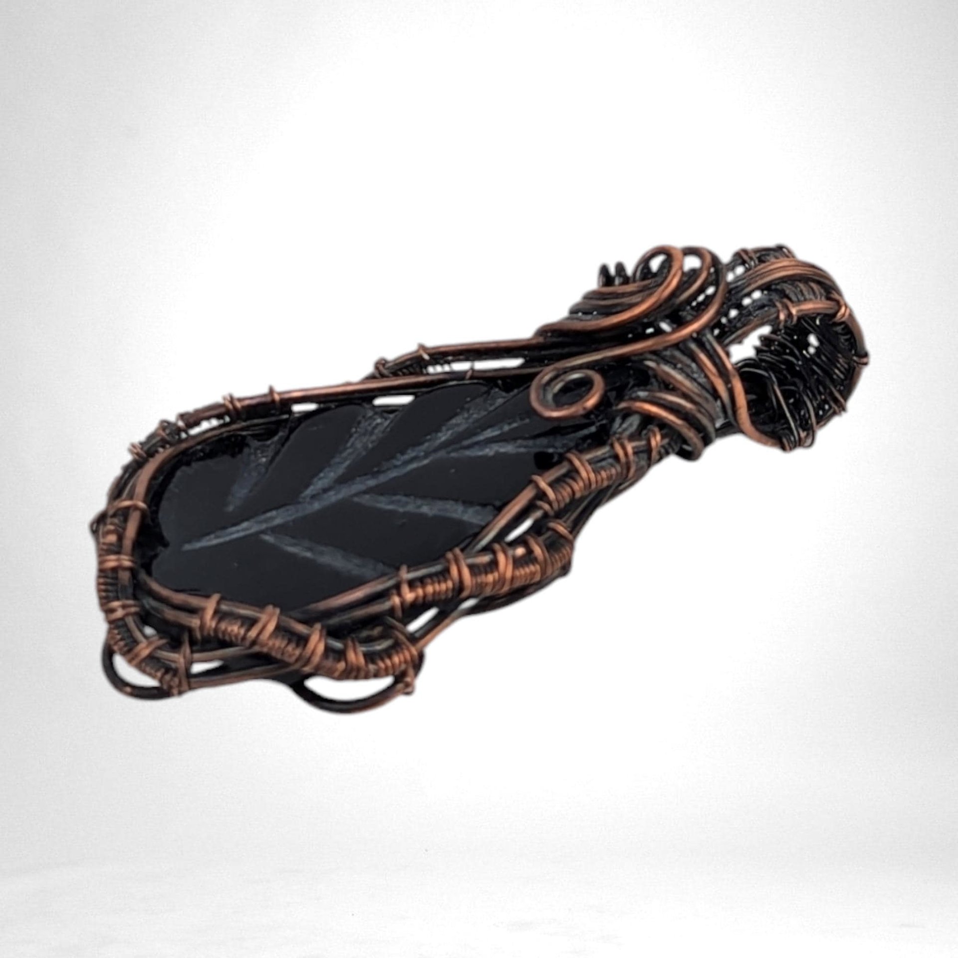 Handmade Copper Wire Wrapped Leaf Shaped Black Onyx Pendant | Unique Artisan Jewelry | Boho Gift