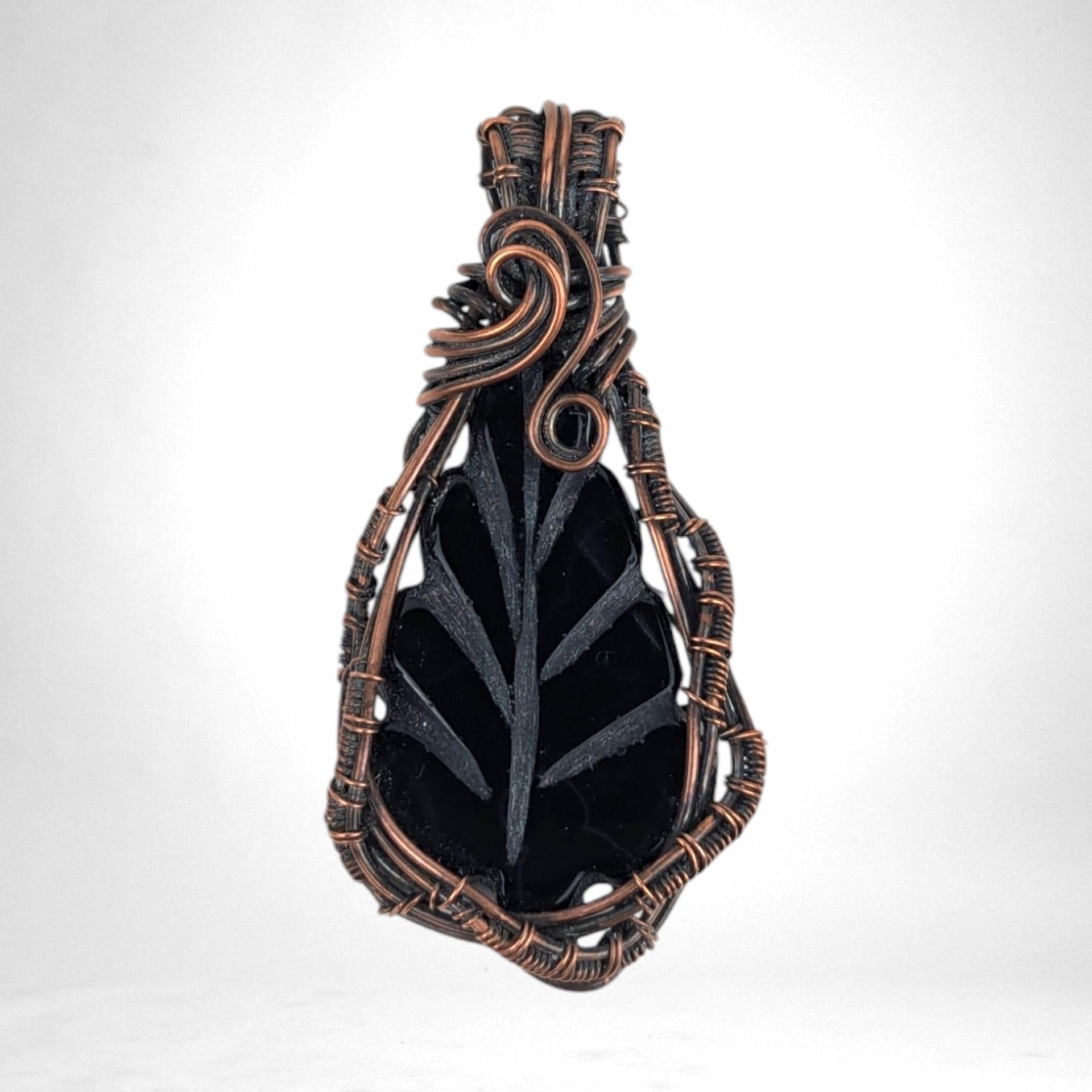Handmade Copper Wire Wrapped Leaf Shaped Black Onyx Pendant | Unique Artisan Jewelry | Boho Gift