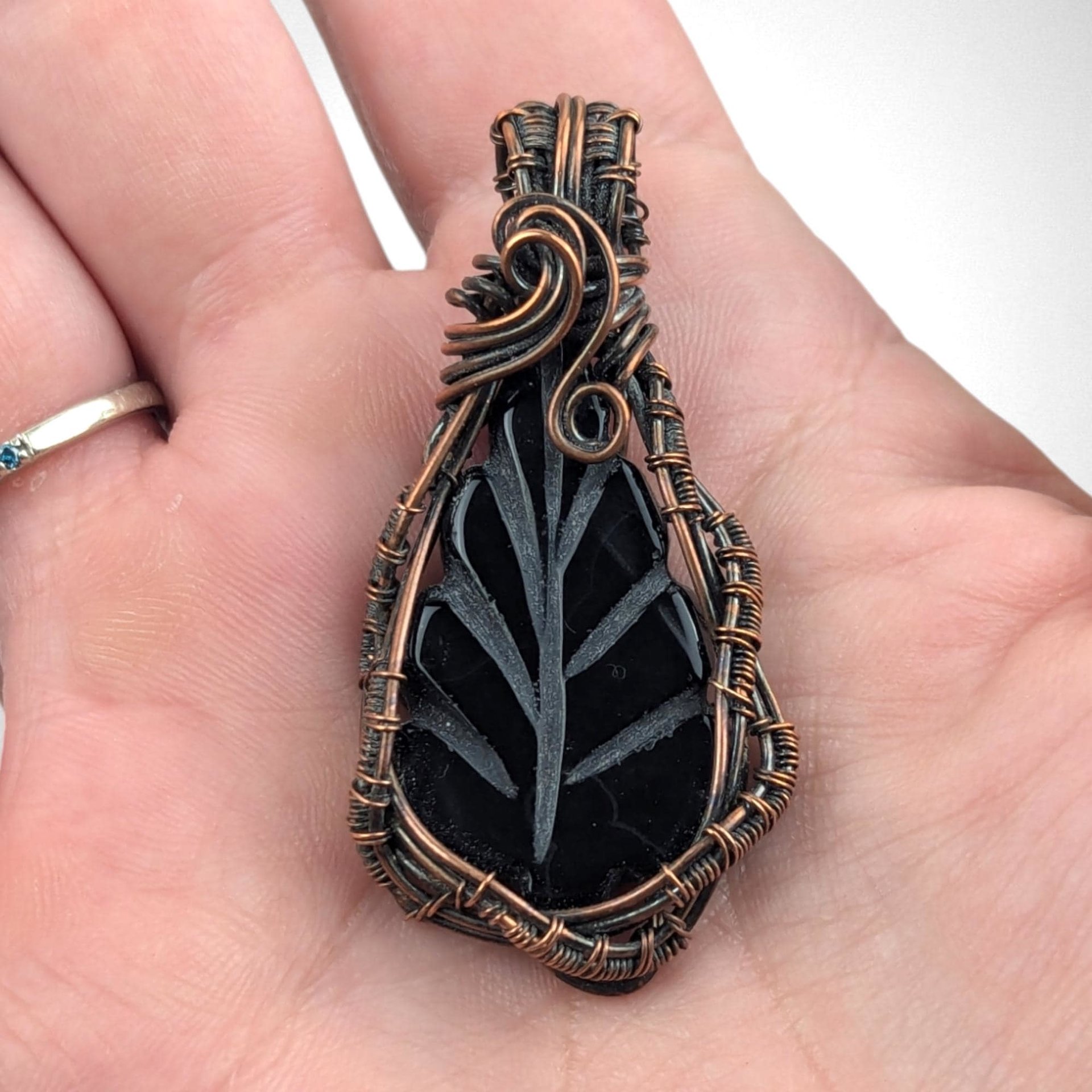 Handmade Copper Wire Wrapped Leaf Shaped Black Onyx Pendant | Unique Artisan Jewelry | Boho Gift