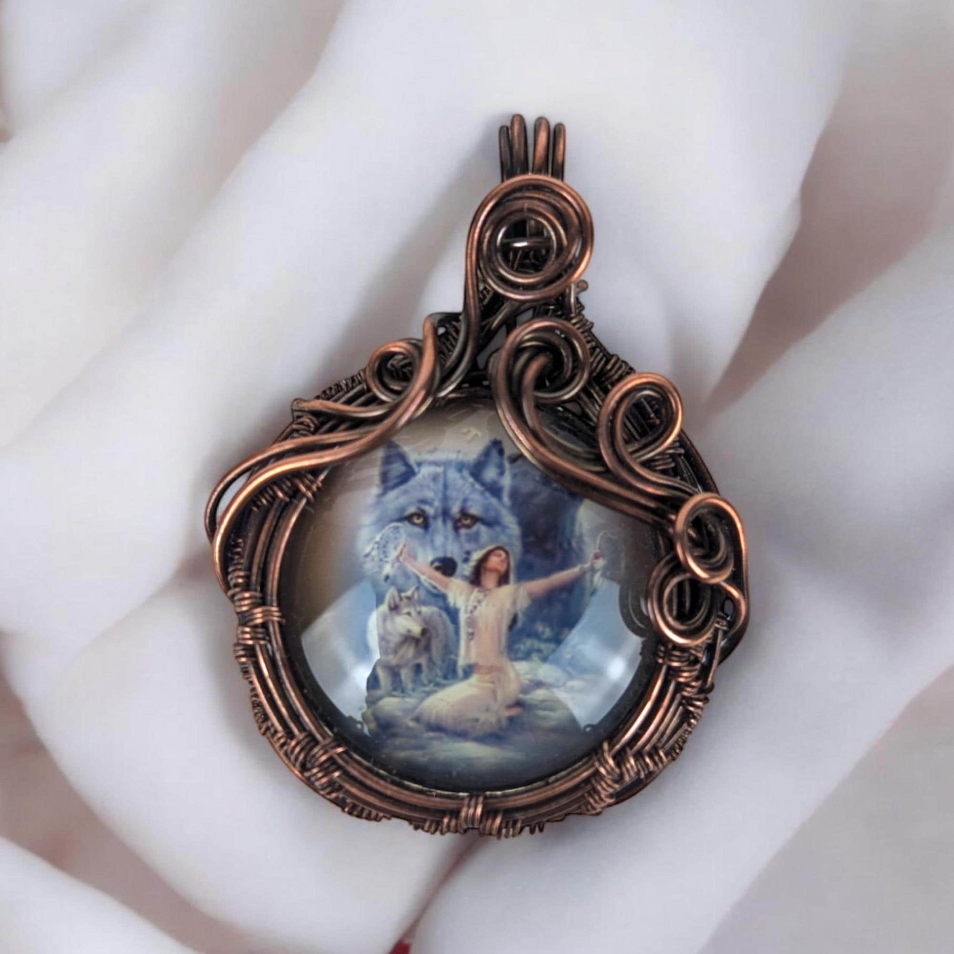 Copper Wire Wrapped Pendant Featuring Female and Wolves | Unique Artisan Jewelry | Nature-Inspired Statement Necklace | Bohemian Style