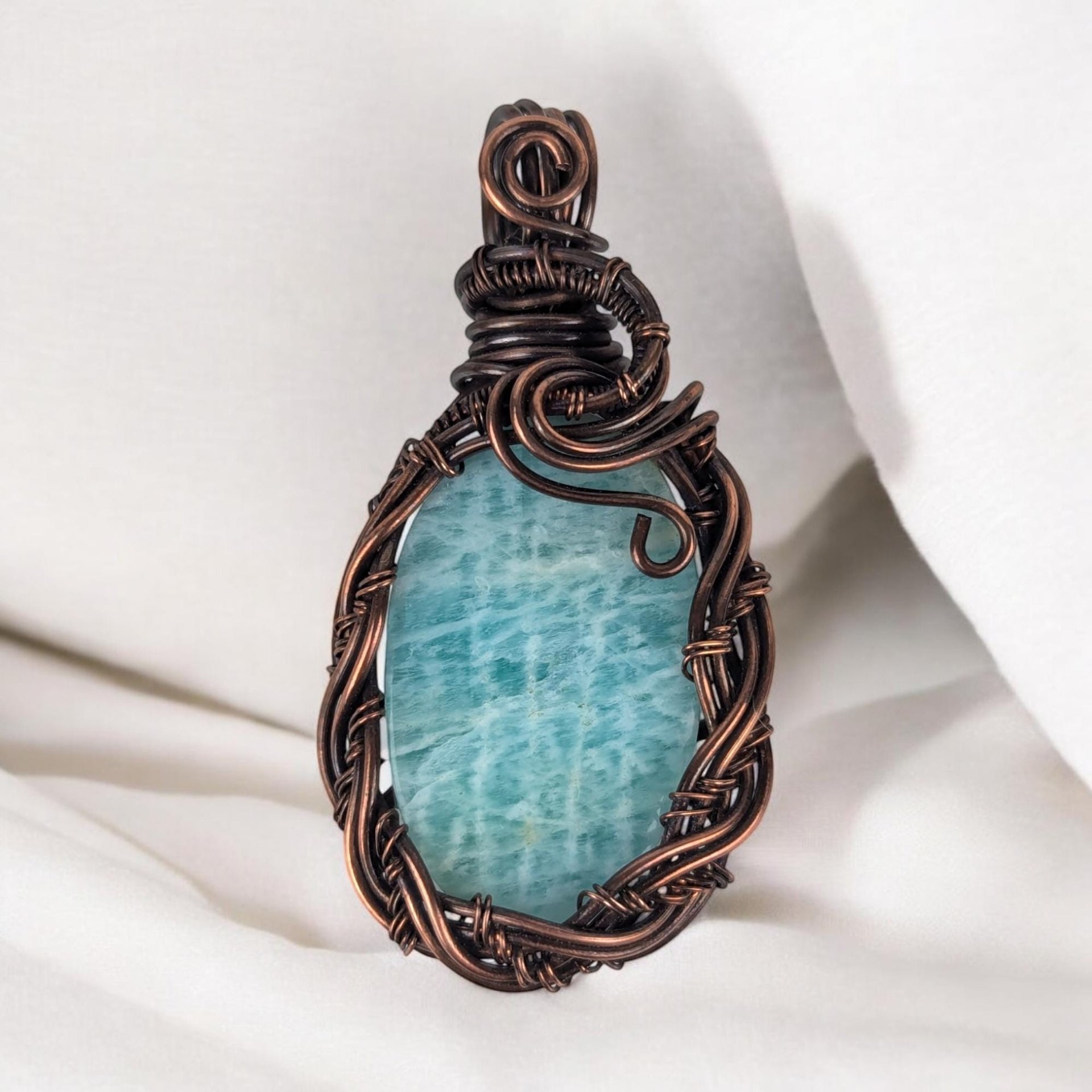 Copper Wire Wrapped Amazonite Pendant | Unique Artisan Jewelry | Handmade Natural Stone Necklace | Bohemian Style Gift for Her